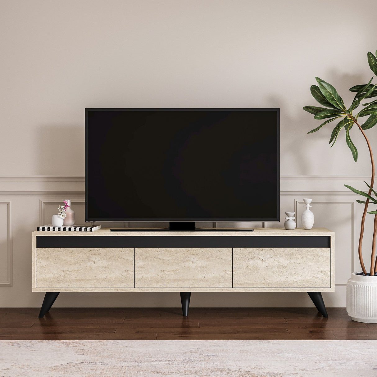 Comodă TV Century, Diverse culori, 150x30x45 cm - Travertin - Antracit | SKU: 327ODS1254 | Comodă TV Century, 150x30x45 cm, varianta Travertin - Antracit, produs pentru amenajarea locuinței, disponibil online în România la CasaMob