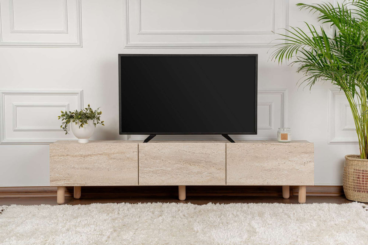 Comodă TV Alvin, Diverse culori, 180x31x42 cm - Travertin | SKU: 327ODS1256 | Comodă TV Alvin, 180x31x42 cm, varianta Travertin, produs pentru amenajarea locuinței, disponibil online în România la CasaMob