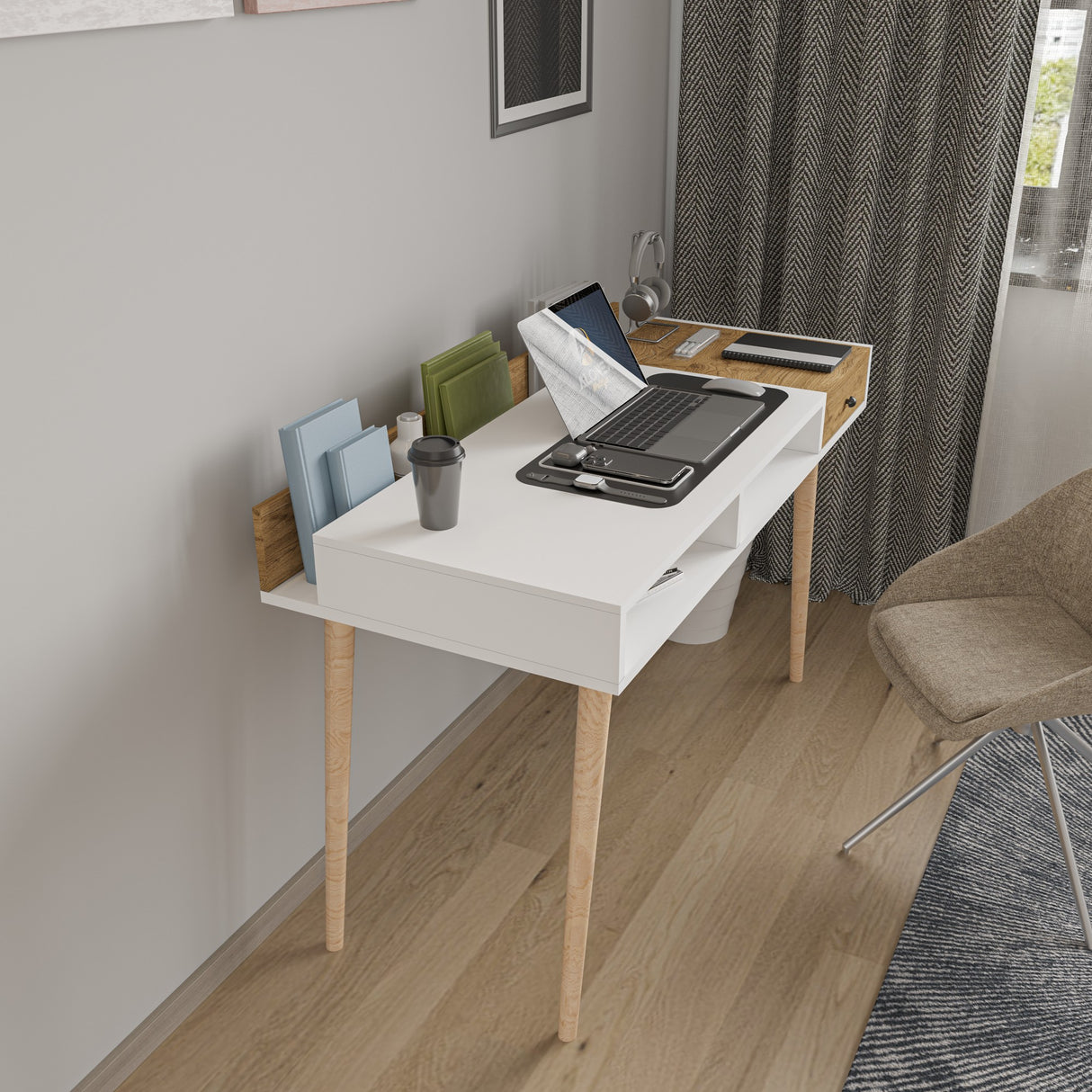 Birou Flex, Alb - Stejar, 120x53x72 cm