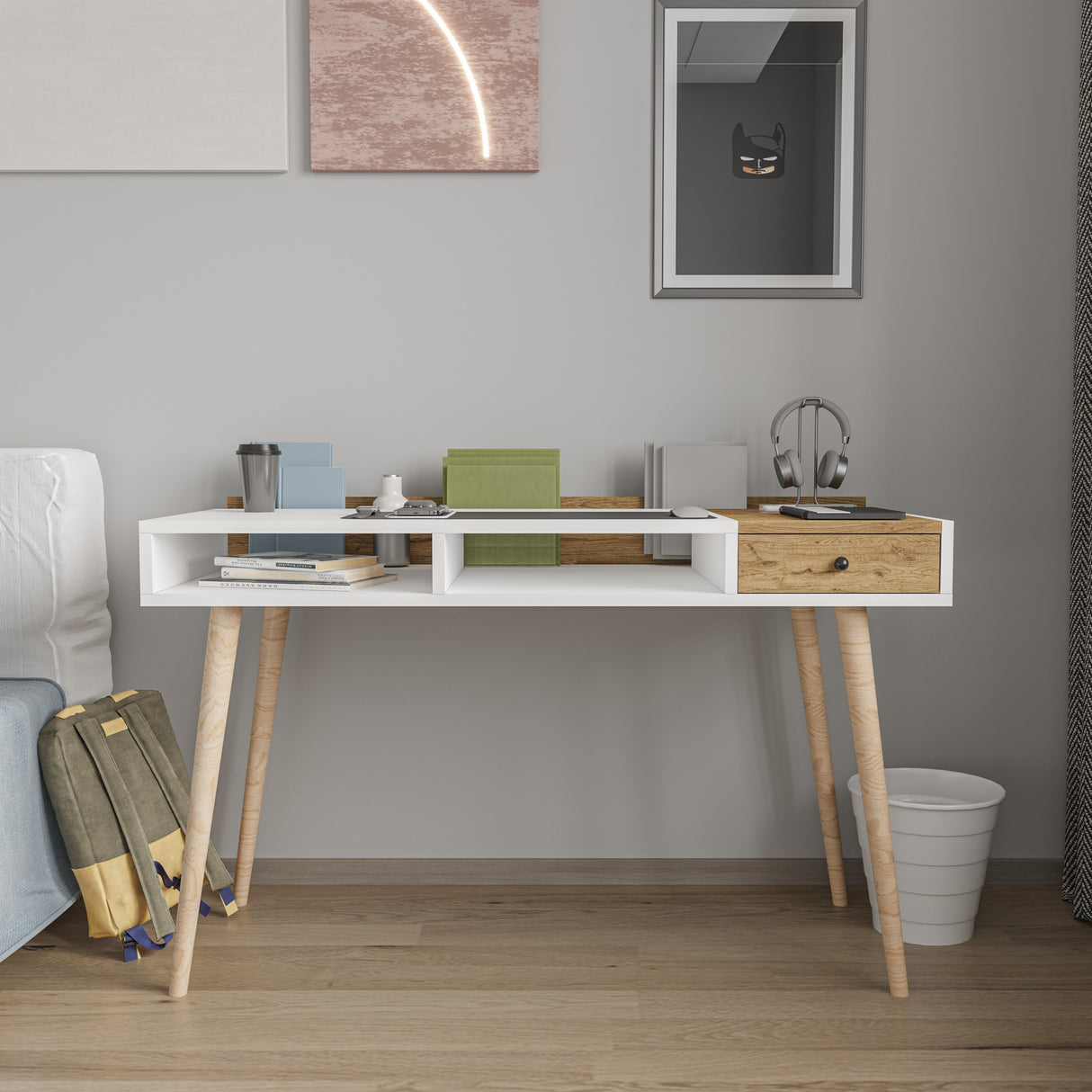 Birou Flex, Alb - Stejar, 120x53x72 cm