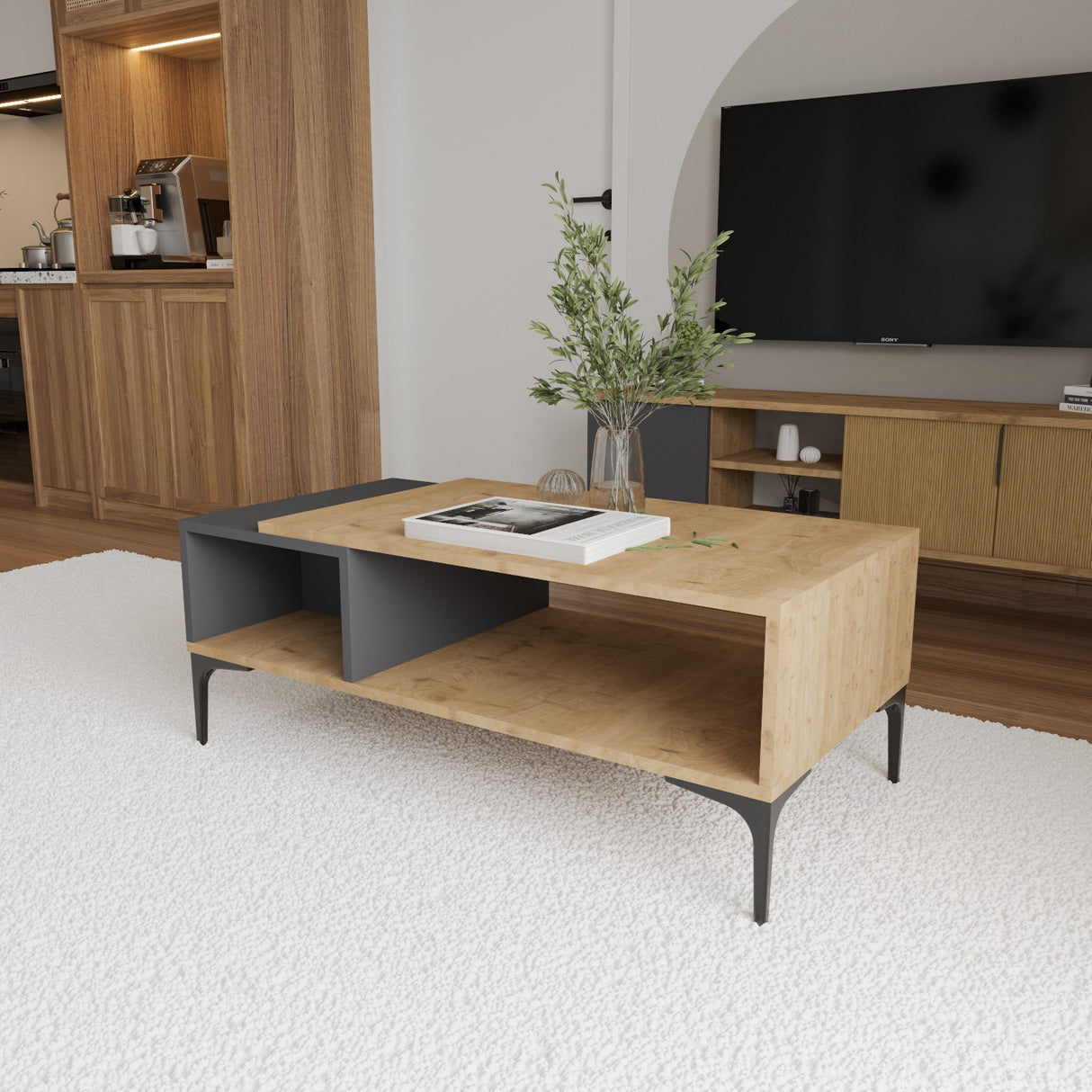 Măsuță de cafea Tarz, Diverse culori, 90x50x39 cm - Antracit - Stejar | SKU: 360ALE1601 | Măsuță de cafea Tarz, 90x50x39 cm, varianta Antracit - Stejar, produs pentru amenajarea locuinței, disponibil online în România la CasaMob