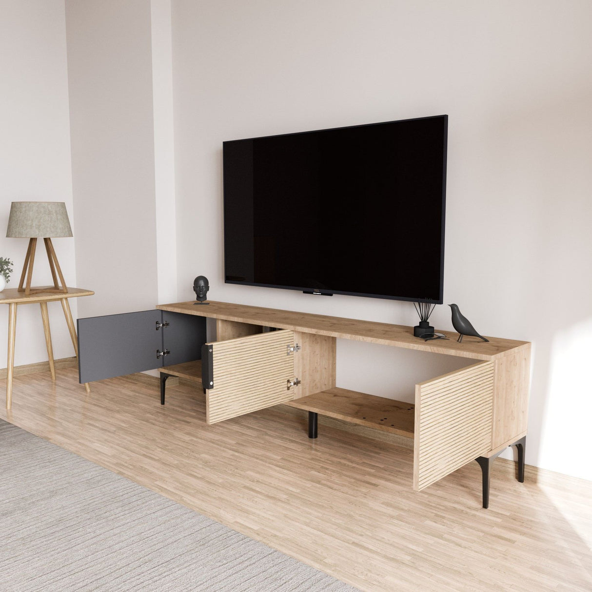 Comodă TV Tarz, Diverse culori, 180x33x49 cm - Antracit - Stejar | SKU: 360ALE1701 | Comodă TV Tarz, 180x33x49 cm, varianta Antracit - Stejar, produs pentru amenajarea locuinței, disponibil online în România la CasaMob