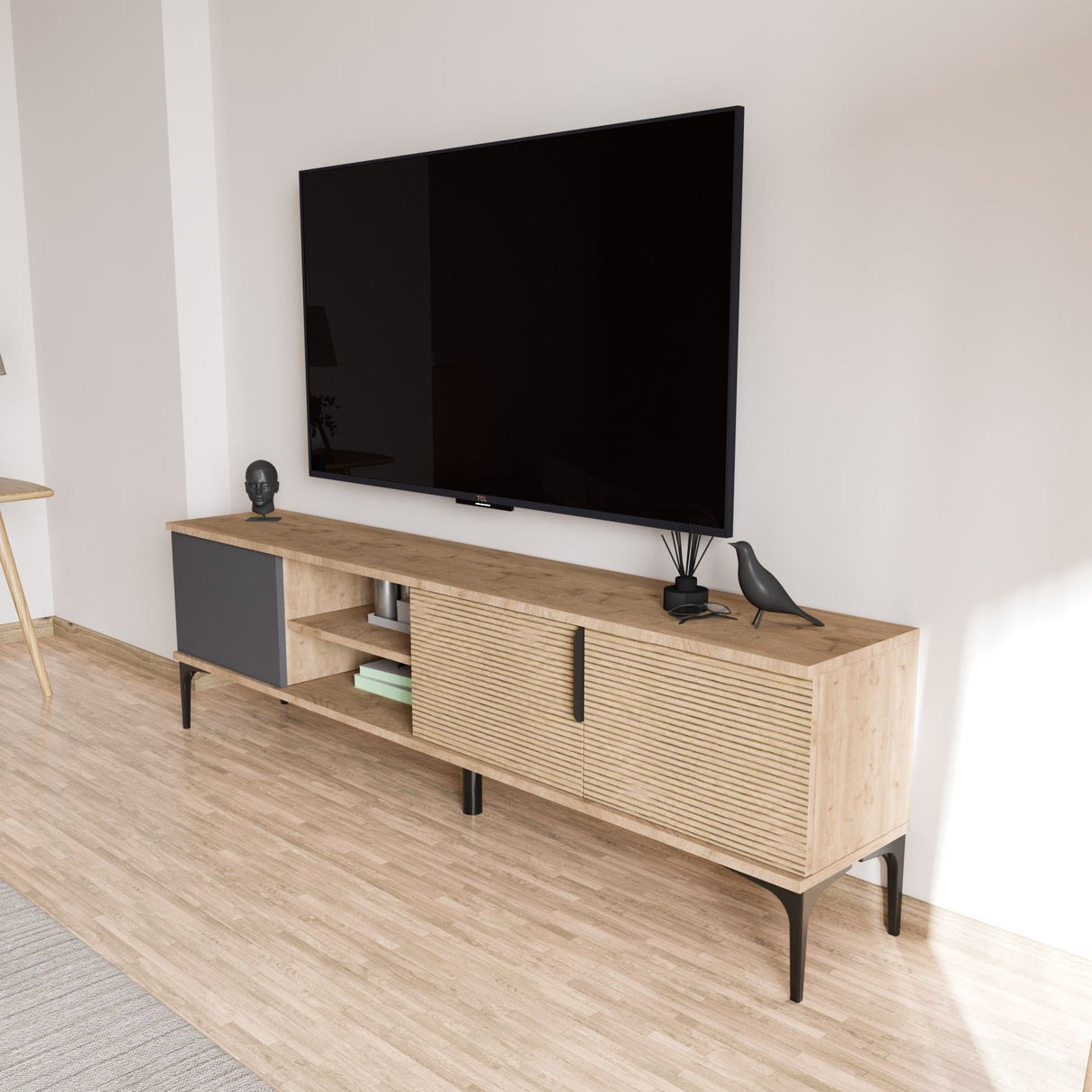Comodă TV Tarz, Diverse culori, 180x33x49 cm - Antracit - Stejar | SKU: 360ALE1701 | Comodă TV Tarz, 180x33x49 cm, varianta Antracit - Stejar, produs pentru amenajarea locuinței, disponibil online în România la CasaMob