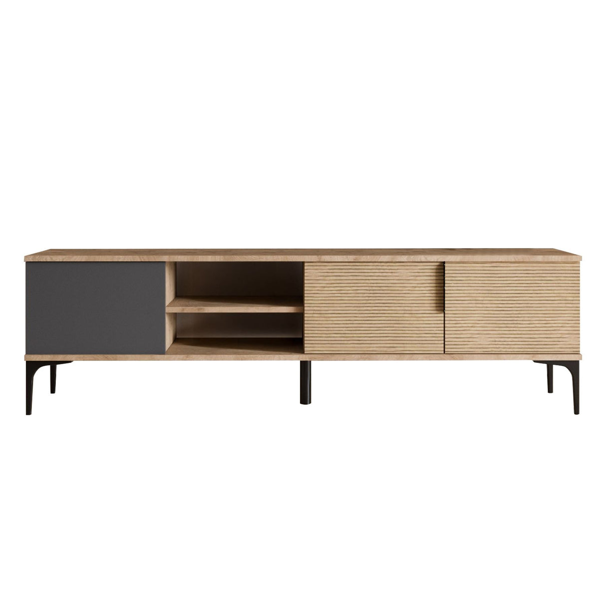 Comodă TV Tarz, Diverse culori, 180x33x49 cm - Antracit - Stejar | SKU: 360ALE1701 | Comodă TV Tarz, 180x33x49 cm, varianta Antracit - Stejar, produs pentru amenajarea locuinței, disponibil online în România la CasaMob