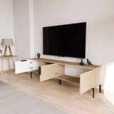 Comodă TV Tarz, Diverse culori, 180x33x49 cm - Alb - Stejar | SKU: 360ALE1702 | Comodă TV Tarz, 180x33x49 cm, varianta Alb - Stejar, produs pentru amenajarea locuinței, disponibil online în România la CasaMob