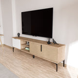 Comodă TV Tarz, Diverse culori, 180x33x49 cm - Alb - Stejar | SKU: 360ALE1702 | Comodă TV Tarz, 180x33x49 cm, varianta Alb - Stejar, produs pentru amenajarea locuinței, disponibil online în România la CasaMob
