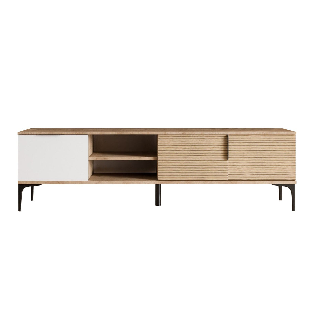 Comodă TV Tarz, Diverse culori, 180x33x49 cm - Alb - Stejar | SKU: 360ALE1702 | Comodă TV Tarz, 180x33x49 cm, varianta Alb - Stejar, produs pentru amenajarea locuinței, disponibil online în România la CasaMob