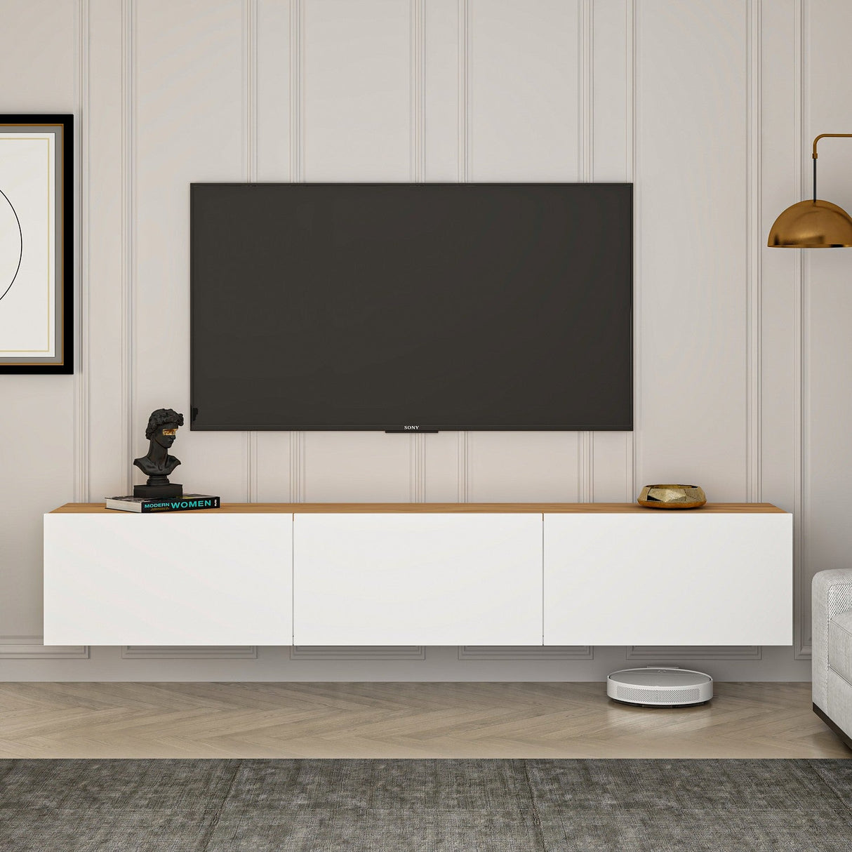 Comodă TV West, Diverse culori, 150x32x30 cm - Alb - Pin atlantic | SKU: 362ANT1155 | Comodă TV West, 150x32x30 cm, varianta Alb - Pin atlantic, produs pentru amenajarea locuinței, disponibil online în România la CasaMob