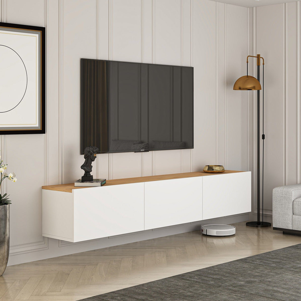 Comodă TV West, Diverse culori, 150x32x30 cm - Alb - Pin atlantic | SKU: 362ANT1155 | Comodă TV West, 150x32x30 cm, varianta Alb - Pin atlantic, produs pentru amenajarea locuinței, disponibil online în România la CasaMob