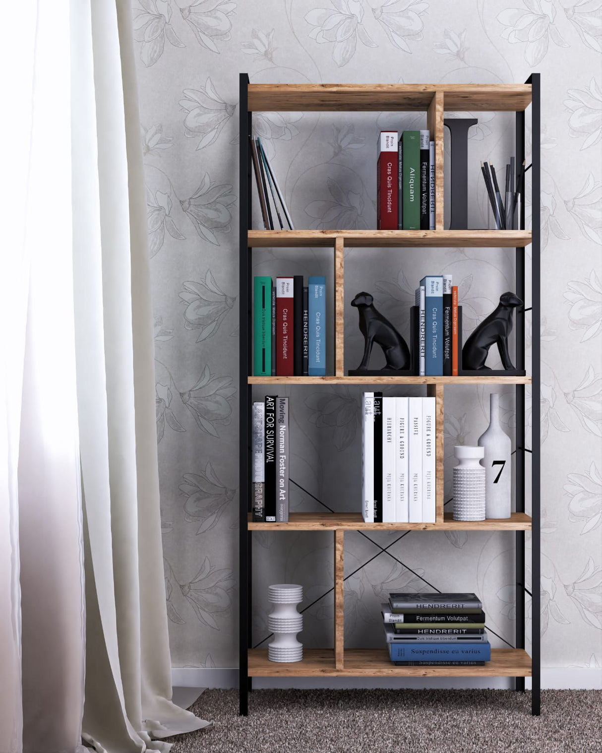Bibliotecă Seul, Maro - Negru, 78x26x150 cm