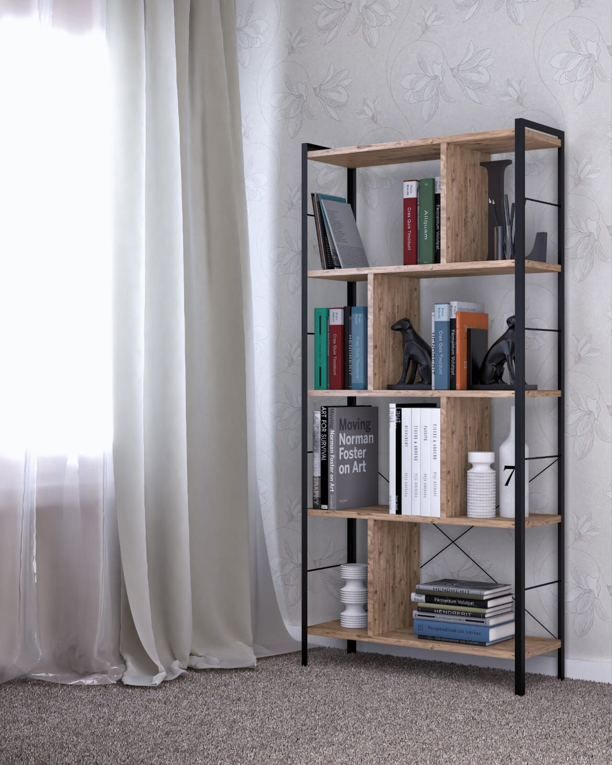 Bibliotecă Seul, Maro - Negru, 78x26x150 cm