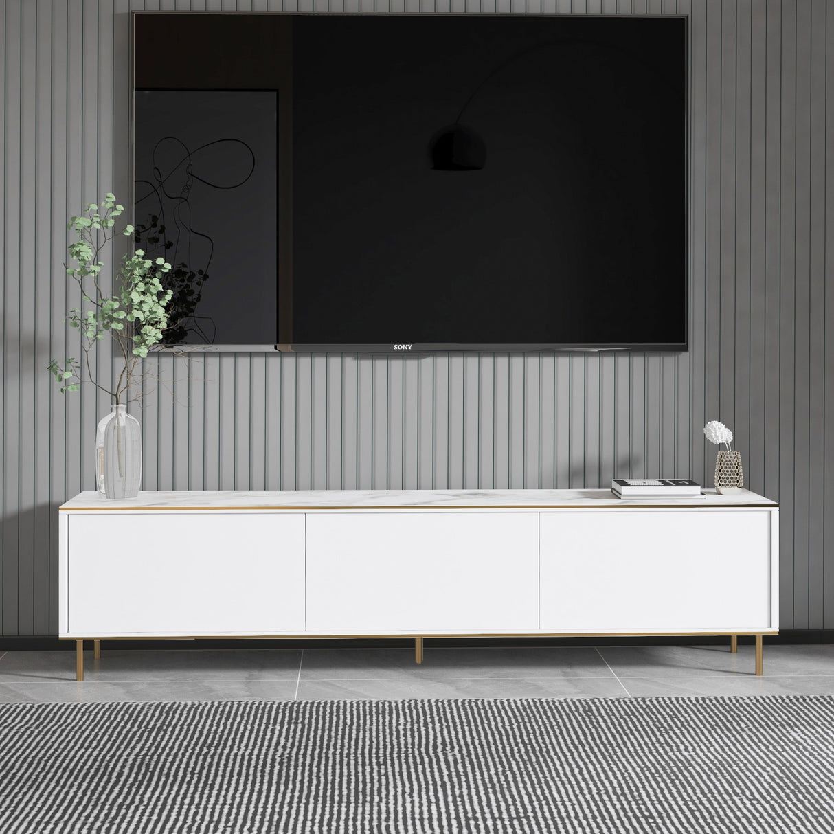 Comodă TV Imaj - Marble, White, White marble - Auriu, 180x35x45 cm