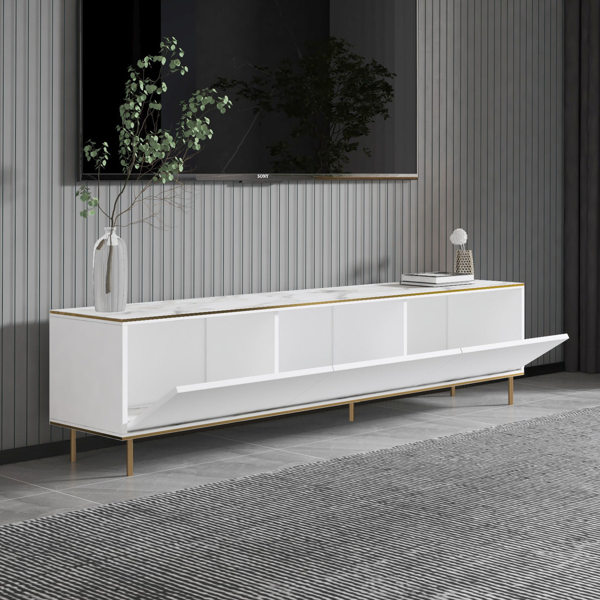Comodă TV Imaj - Marble, White, White marble - Auriu, 180x35x45 cm