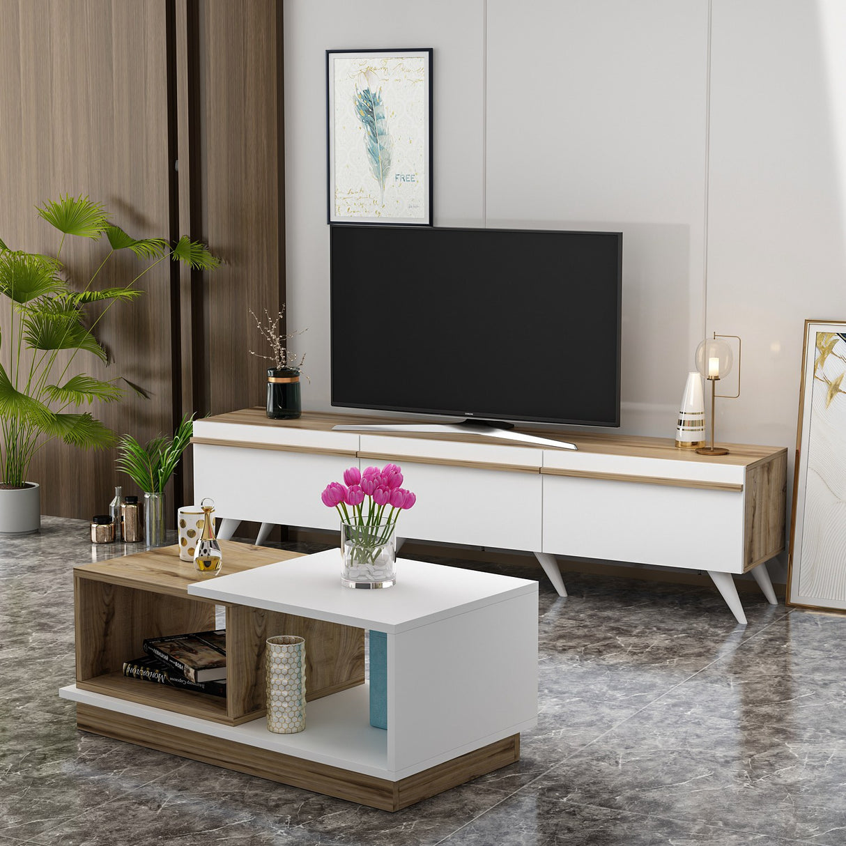 Set mobilă pentru sufragerie Valentina, Alb - Sapphire, 180x35x42 cm