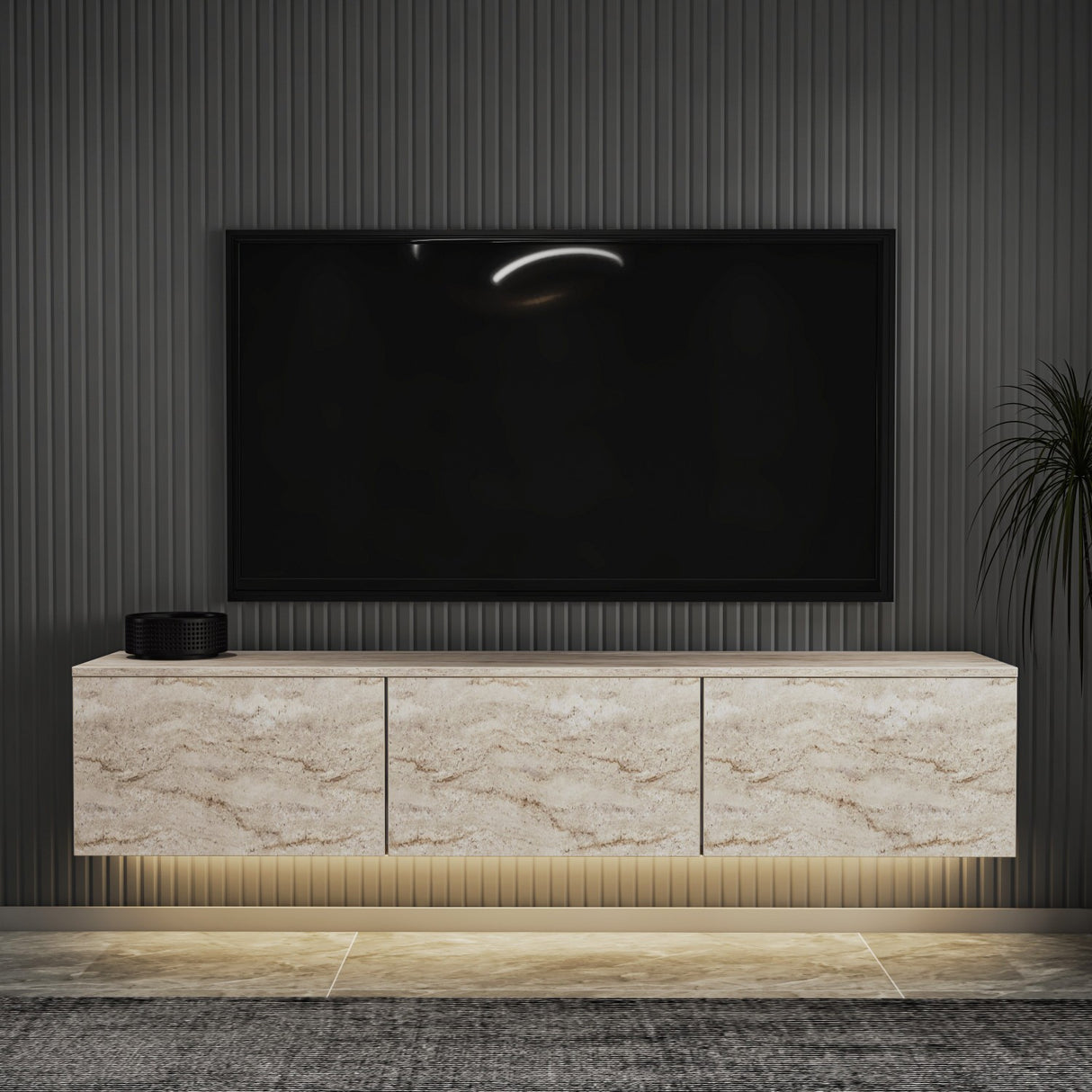 Comodă TV Neon Illuminated, Travertin, 160x32x35 cm