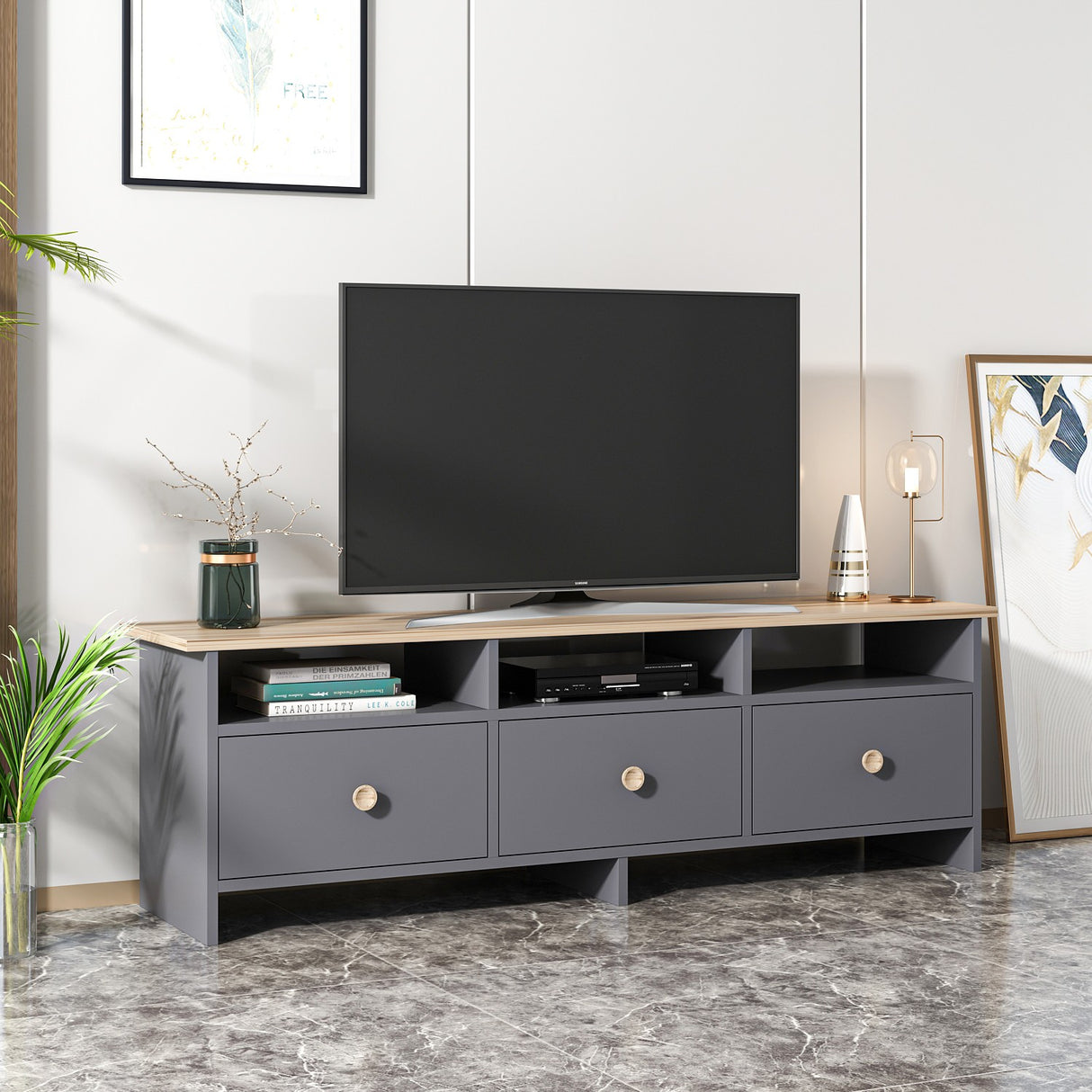 Comodă TV Oslo, Diverse culori, 150x36x47 cm - Antracit - Stejar | SKU: 382NRC1106 | Comodă TV Oslo, 150x36x47 cm, varianta Antracit - Stejar, produs pentru amenajarea locuinței, disponibil online în România la CasaMob