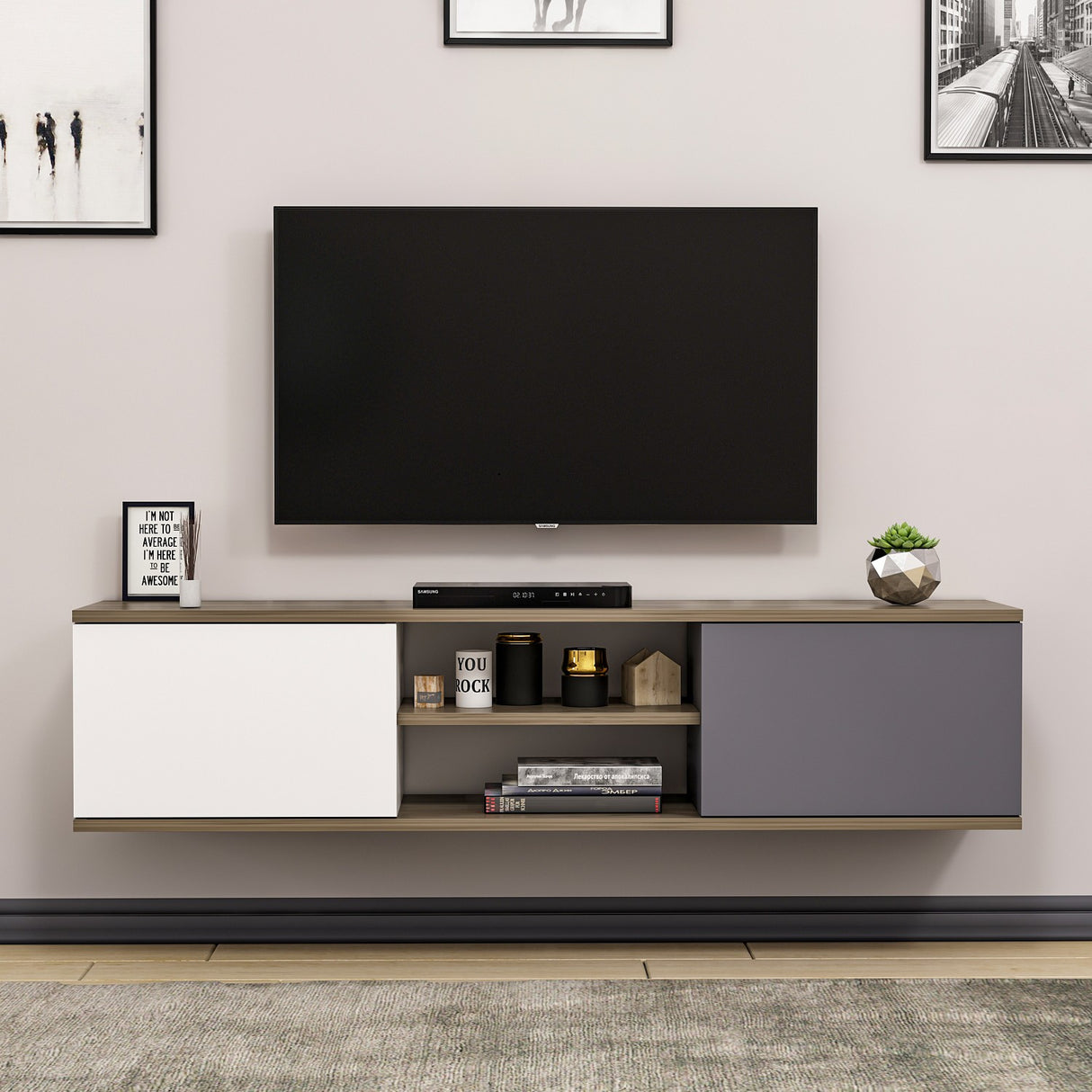 Comodă TV Ayze, Antracit - Nuc - Alb, 160x32x33 cm