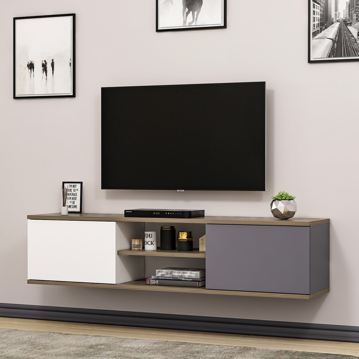 Comodă TV Ayze, Antracit - Nuc - Alb, 160x32x33 cm