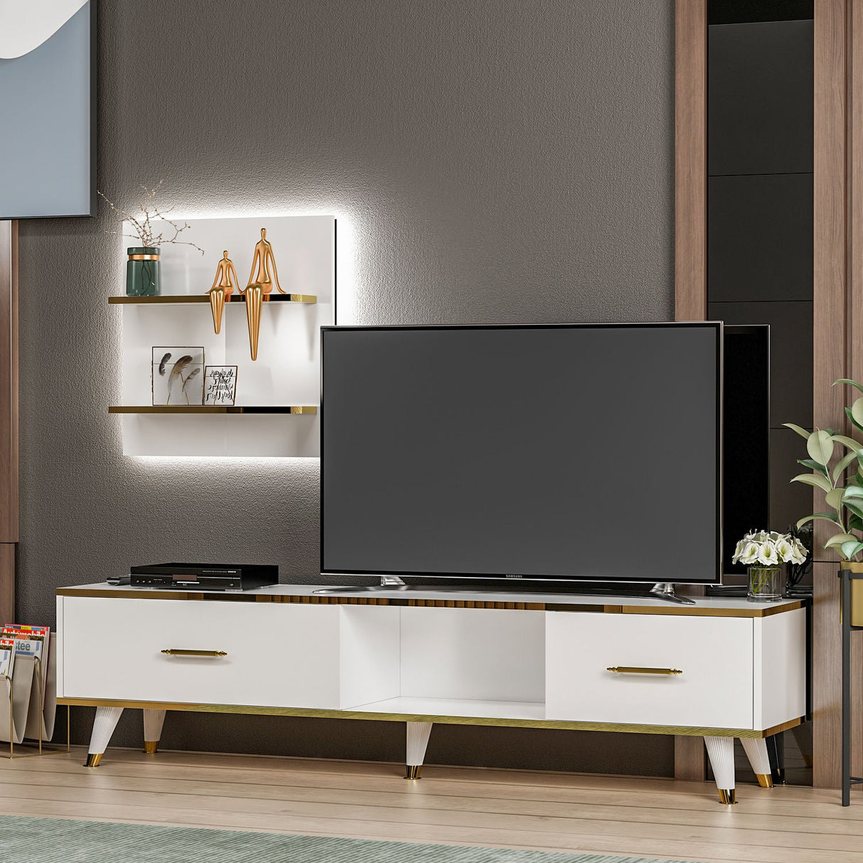 Comodă TV Aren, Diverse culori, 180x35x44 cm - Alb - Auriu | SKU: 382NRC1118 | Comodă TV Aren, 180x35x44 cm, varianta Alb - Auriu, produs pentru amenajarea locuinței, disponibil online în România la CasaMob