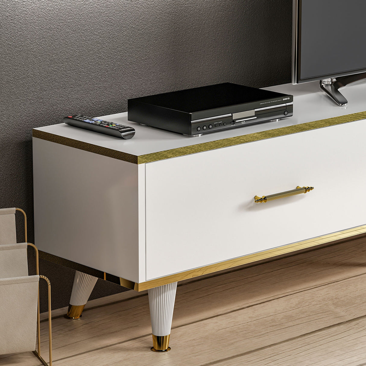 Comodă TV Aren, Diverse culori, 180x35x44 cm - Alb - Auriu | SKU: 382NRC1118 | Comodă TV Aren, 180x35x44 cm, varianta Alb - Auriu, produs pentru amenajarea locuinței, disponibil online în România la CasaMob
