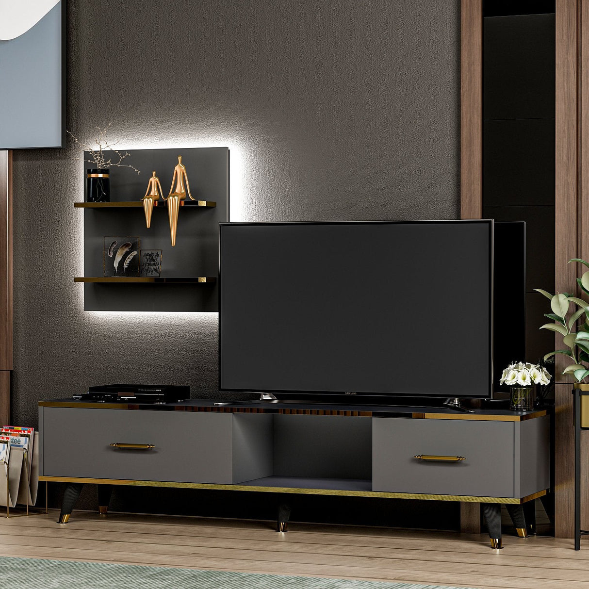 Comodă TV Aren, Diverse culori, 180x35x44 cm - Antracit | SKU: 382NRC1126 | Comodă TV Aren, 180x35x44 cm, varianta Antracit, produs pentru amenajarea locuinței, disponibil online în România la CasaMob