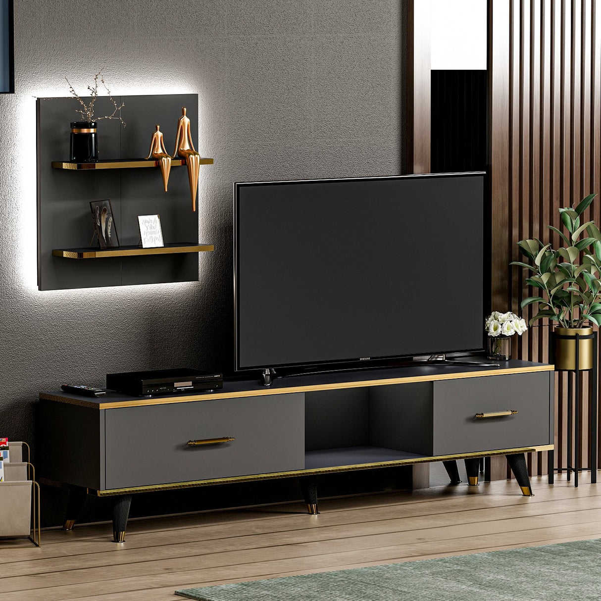 Comodă TV Aren, Diverse culori, 180x35x44 cm - Antracit | SKU: 382NRC1126 | Comodă TV Aren, 180x35x44 cm, varianta Antracit, produs pentru amenajarea locuinței, disponibil online în România la CasaMob