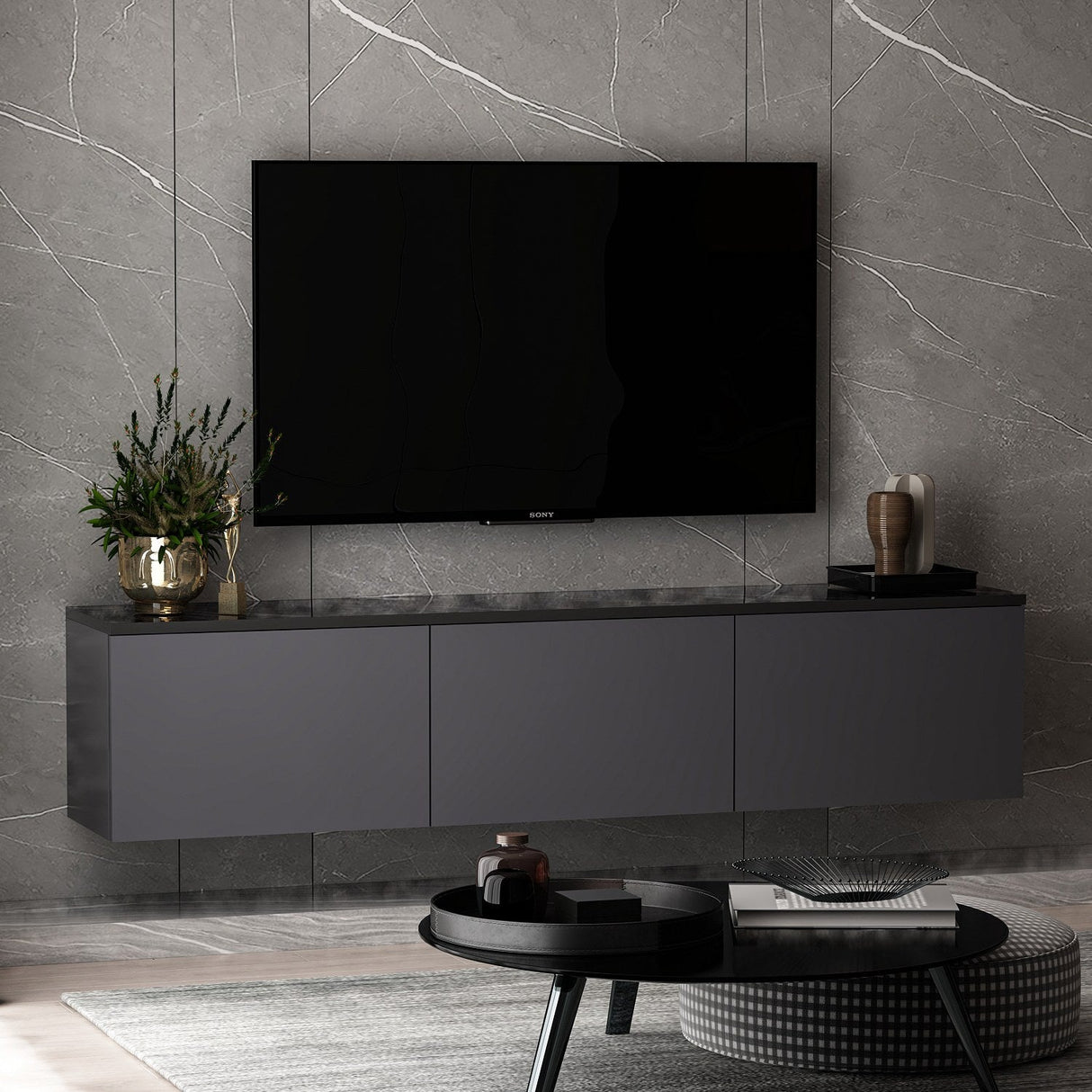 Comodă TV Neon, Diverse culori, 160x32x35 cm - Antracit | SKU: 382NRC1133 | Comodă TV Neon, 160x32x35 cm, varianta Antracit, produs pentru amenajarea locuinței, disponibil online în România la CasaMob