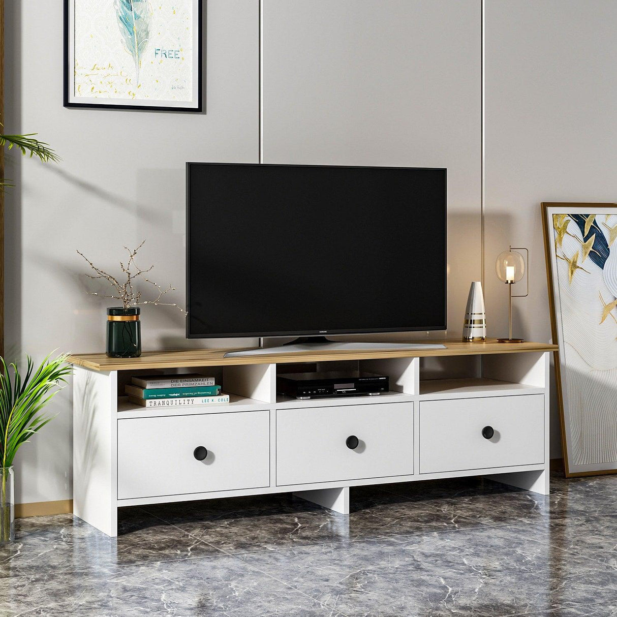 Comodă TV Oslo, Diverse culori, 150x36x47 cm - Alb - Sapphire | SKU: 382NRC1137 | Comodă TV Oslo, 150x36x47 cm, varianta Alb - Sapphire, produs pentru amenajarea locuinței, disponibil online în România la CasaMob