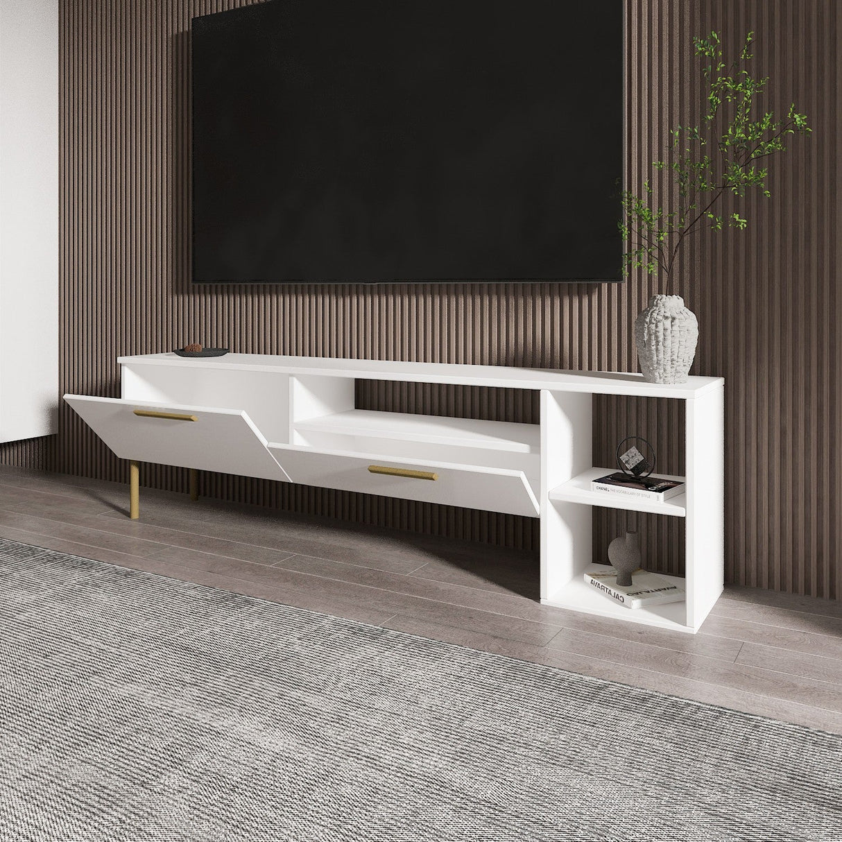 Comodă TV Parion, Diverse culori, 150x35x47 cm - Alb - Auriu | SKU: 382NRC1145 | Comodă TV Parion, 150x35x47 cm, varianta Alb - Auriu, produs pentru amenajarea locuinței, disponibil online în România la CasaMob