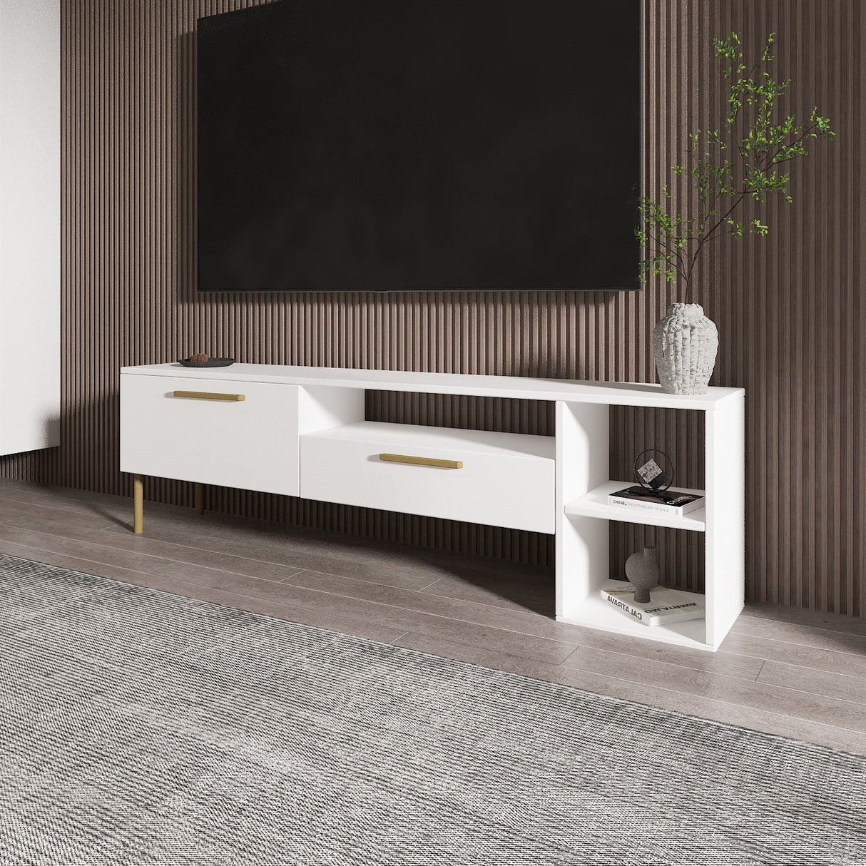 Comodă TV Parion, Diverse culori, 150x35x47 cm - Alb - Auriu | SKU: 382NRC1145 | Comodă TV Parion, 150x35x47 cm, varianta Alb - Auriu, produs pentru amenajarea locuinței, disponibil online în România la CasaMob