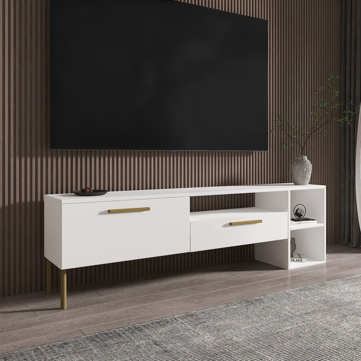 Comodă TV Parion, Diverse culori, 150x35x47 cm - Alb - Auriu | SKU: 382NRC1145 | Comodă TV Parion, 150x35x47 cm, varianta Alb - Auriu, produs pentru amenajarea locuinței, disponibil online în România la CasaMob