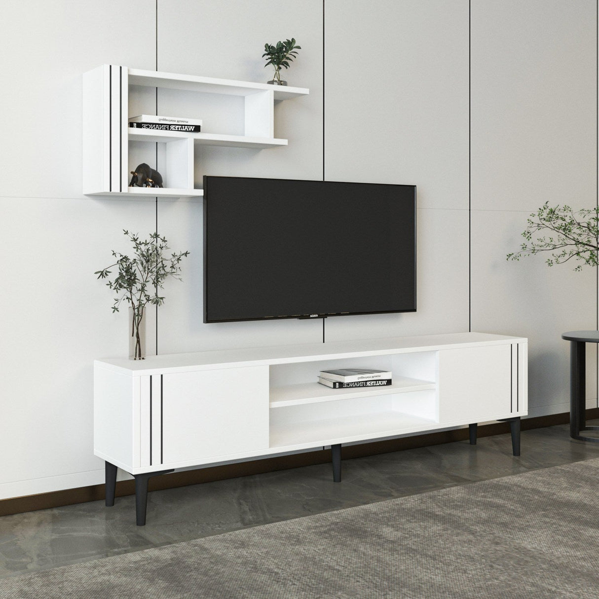 Comodă TV Snow Set, Diverse culori, 140x30x45 cm - Alb | SKU: 382NRC1146 | Comodă TV Snow Set, 140x30x45 cm, varianta Alb, produs pentru amenajarea locuinței, disponibil online în România la CasaMob