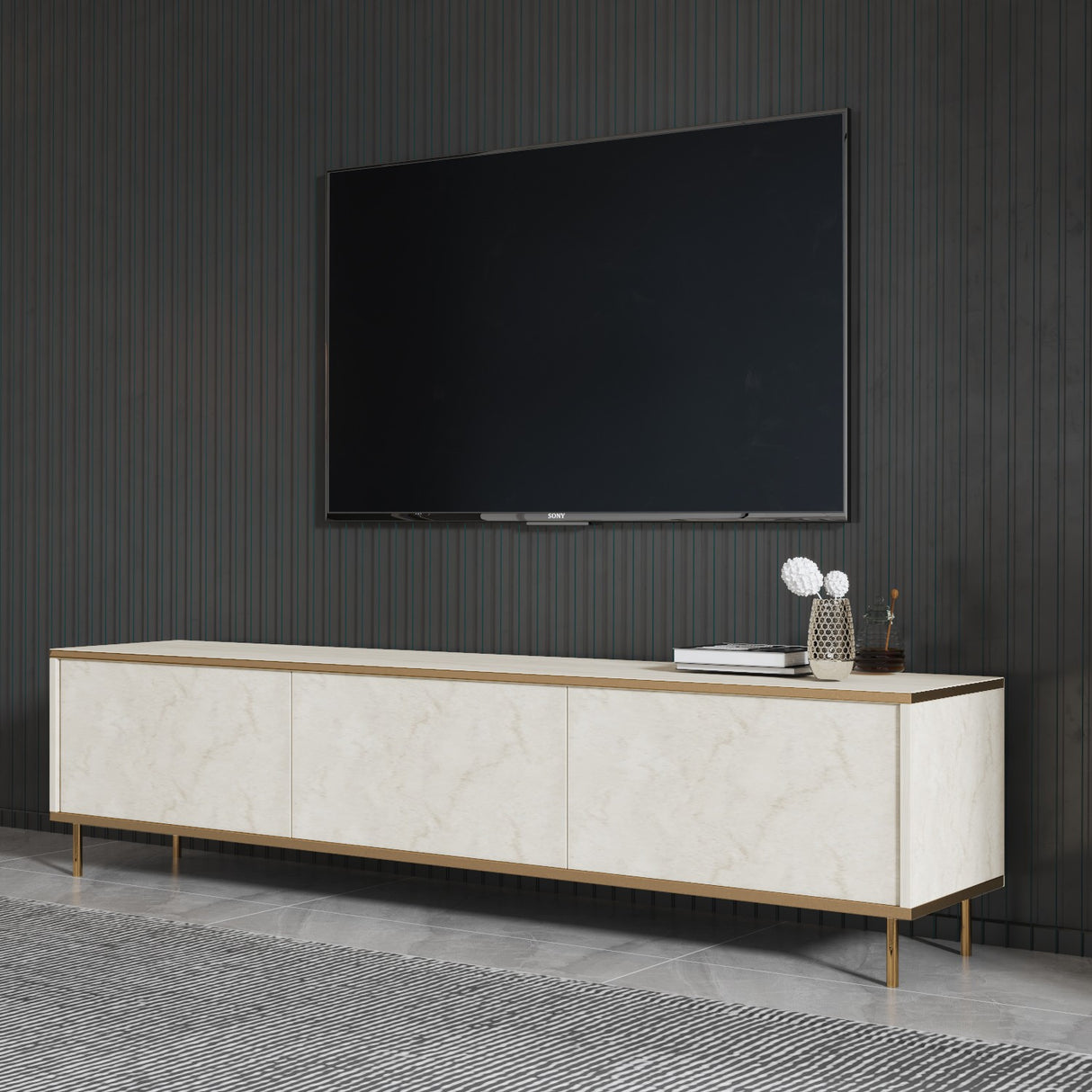 Comodă TV Imaj, Travertin - Auriu, 180x35x45 cm