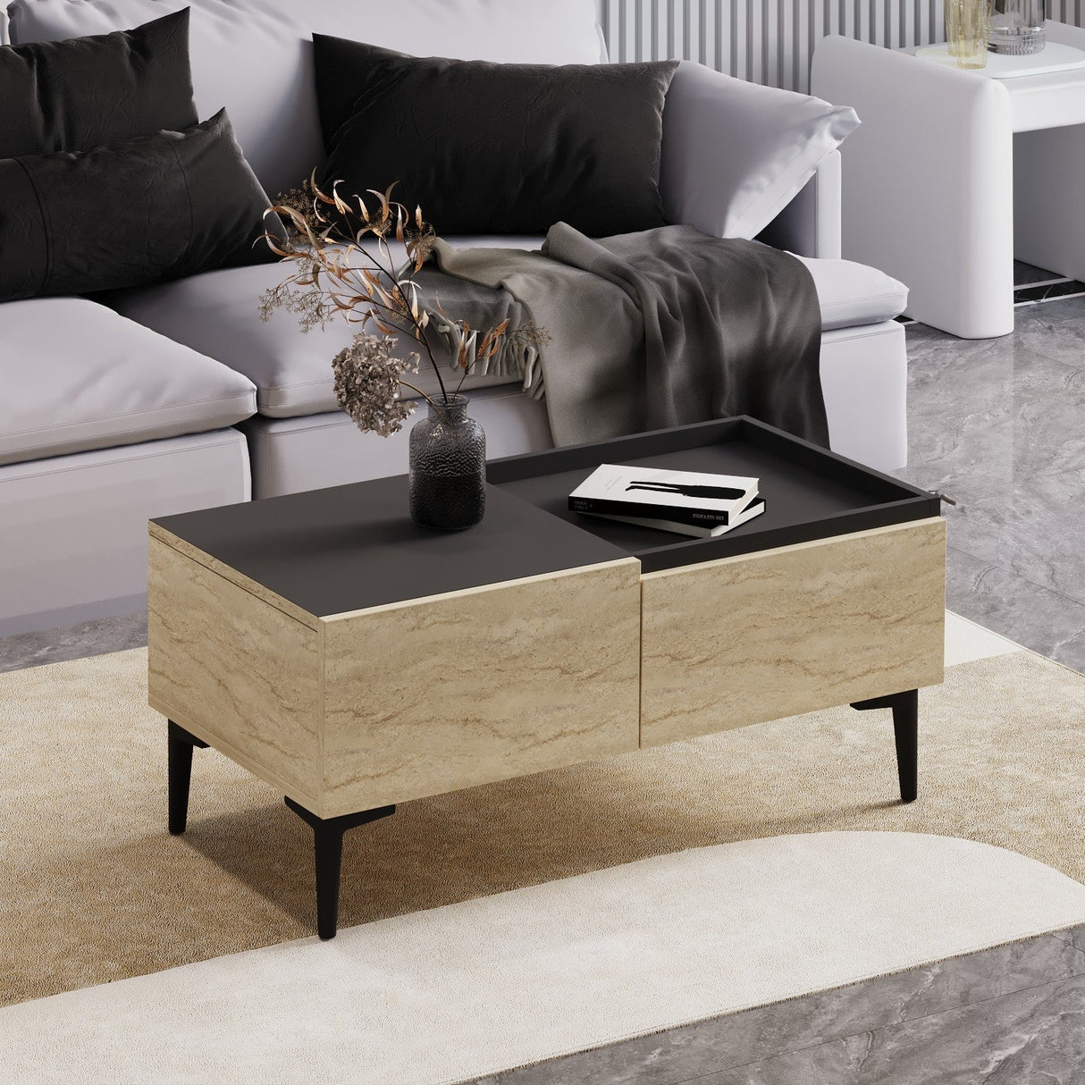 Măsuță de cafea Mia, Diverse culori, 92x45x39 cm - Travertin - Antracit | SKU: 382NRC1216 | Măsuță de cafea Mia, 92x45x39 cm, varianta Travertin - Antracit, produs pentru amenajarea locuinței, disponibil online în România la CasaMob