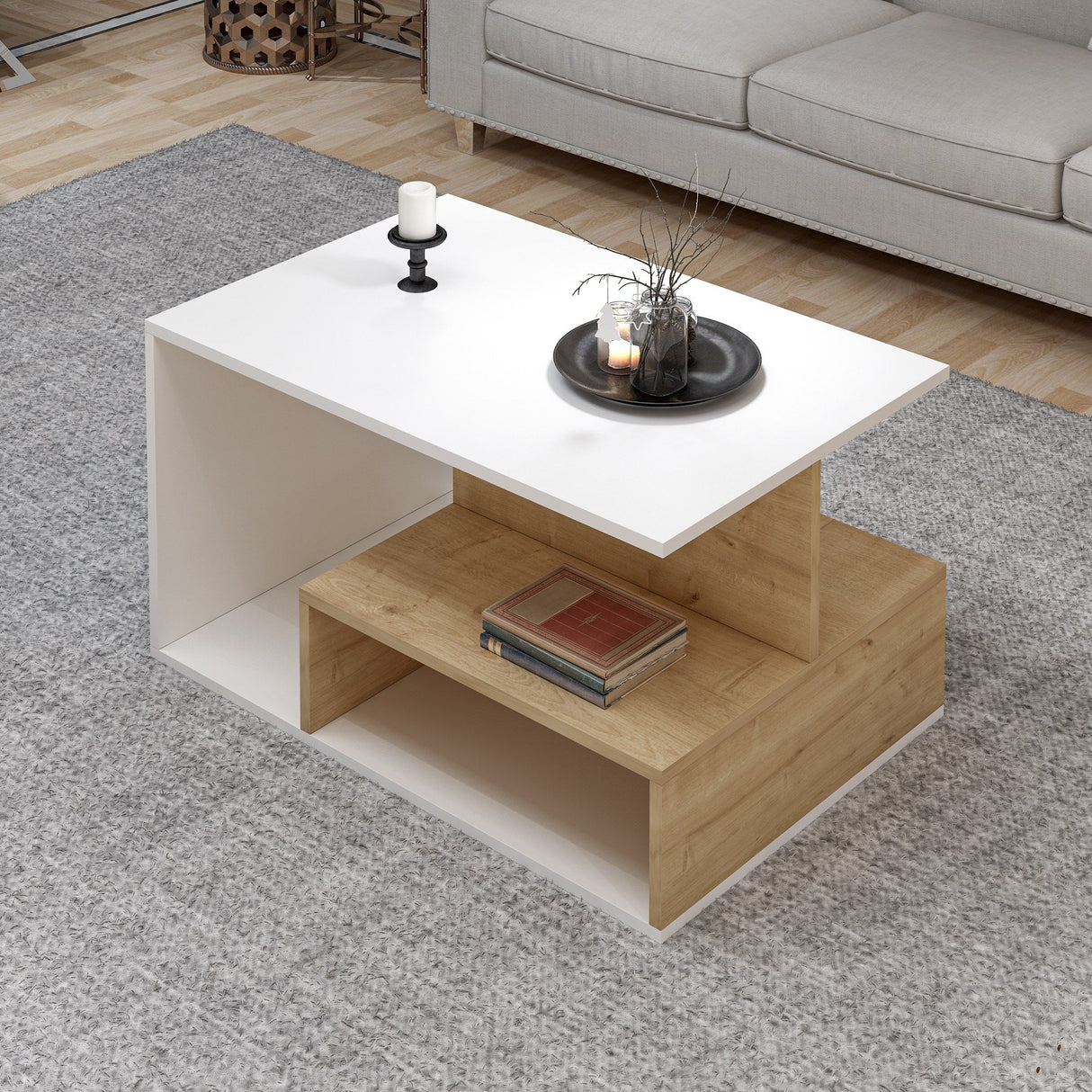 Măsuță de cafea Vera, Diverse culori, 90x60x49 cm - Alb - Stejar | SKU: 382NRC1513 | Măsuță de cafea Vera, 90x60x49 cm, varianta Alb - Stejar, produs pentru amenajarea locuinței, disponibil online în România la CasaMob