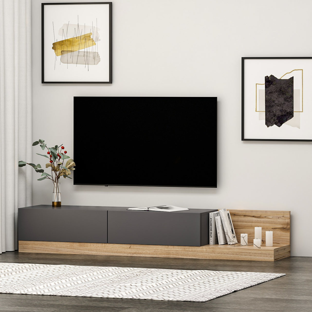 Comodă TV Majör, Antracit - Nuc, 180x37x30 cm