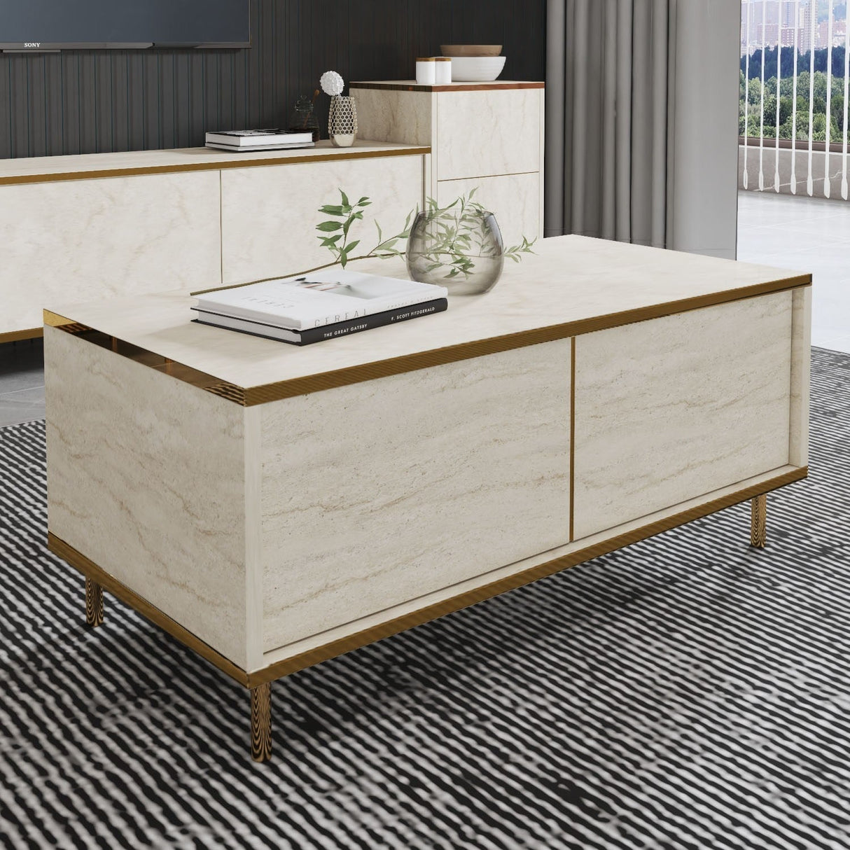 Măsuță de cafea Imaj, Diverse culori, 90x45x40 cm - Travertin - Auriu | SKU: 382NRC1532 | Măsuță de cafea Imaj, 90x45x40 cm, varianta Travertin - Auriu, produs pentru amenajarea locuinței, disponibil online în România la CasaMob