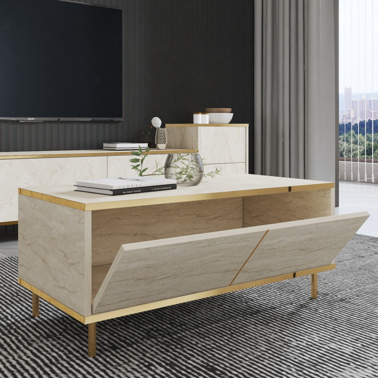 Măsuță de cafea Imaj, Diverse culori, 90x45x40 cm - Travertin - Auriu | SKU: 382NRC1532 | Măsuță de cafea Imaj, 90x45x40 cm, varianta Travertin - Auriu, produs pentru amenajarea locuinței, disponibil online în România la CasaMob