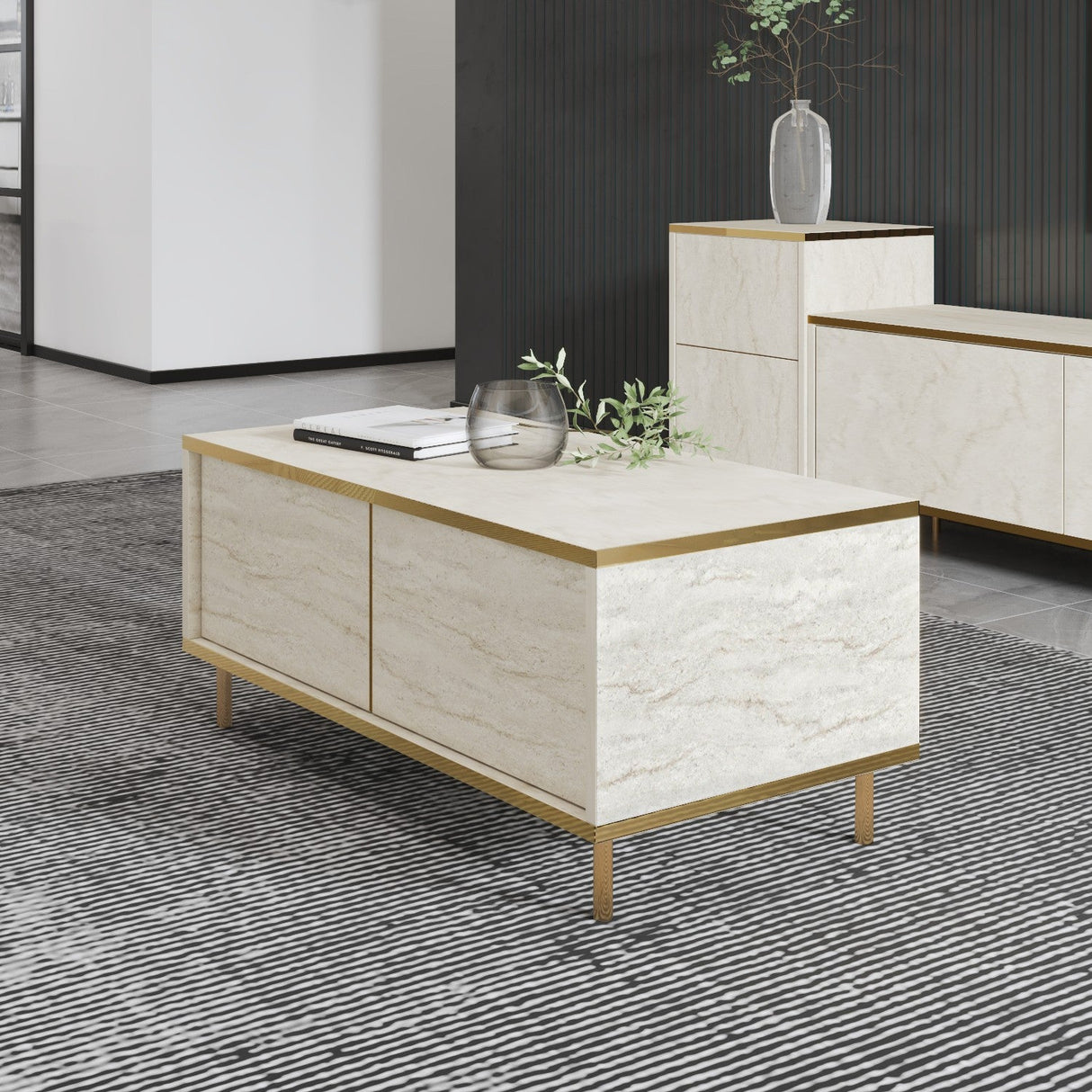 Măsuță de cafea Imaj, Diverse culori, 90x45x40 cm - Travertin - Auriu | SKU: 382NRC1532 | Măsuță de cafea Imaj, 90x45x40 cm, varianta Travertin - Auriu, produs pentru amenajarea locuinței, disponibil online în România la CasaMob