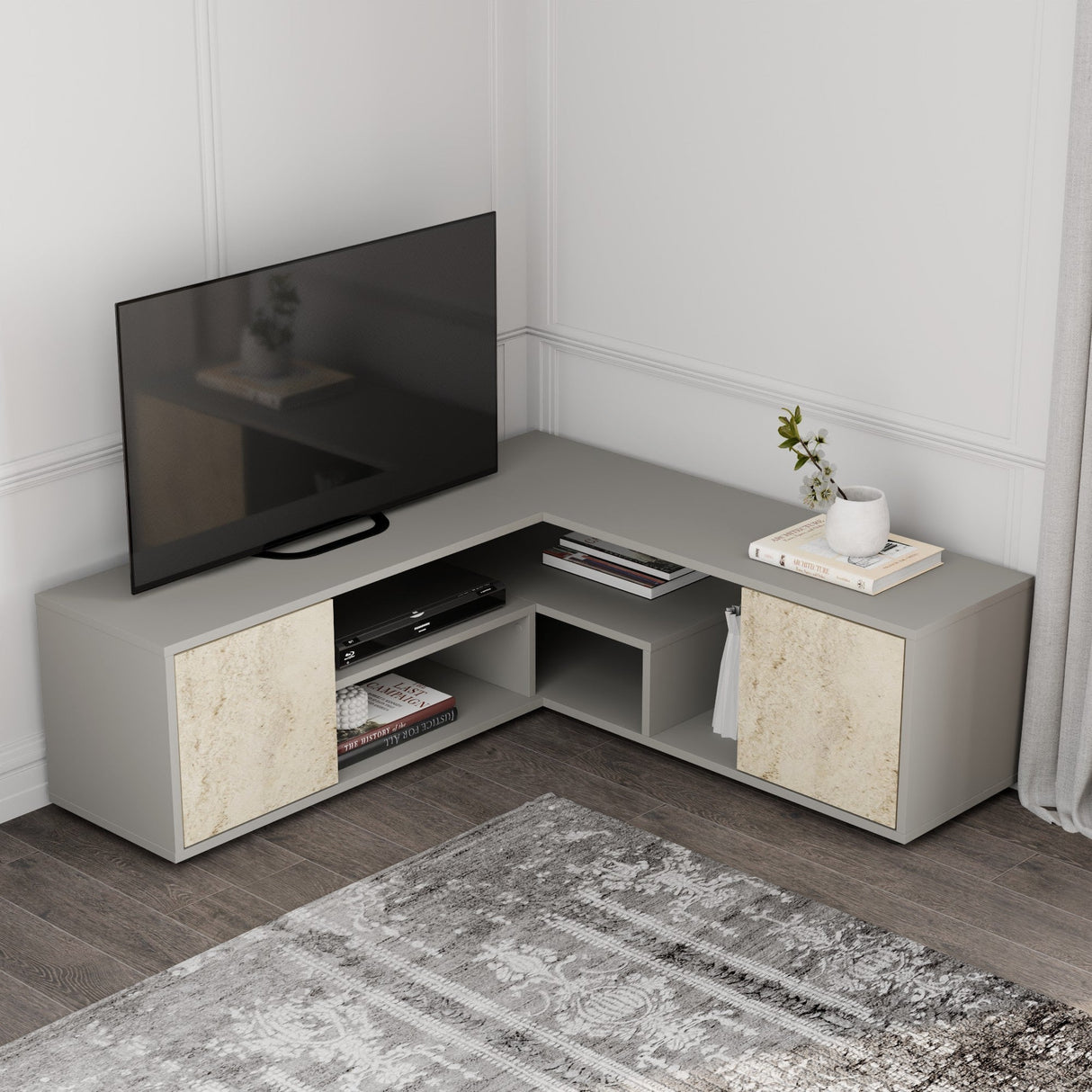Comodă TV Rosa, Diverse culori, Diverse dimensiuni - Gri - Travertin - 120x35x40 cm | SKU: 382NRC2523 | Comodă TV Rosa, varianta Gri - Travertin - 120x35x40 cm, produs pentru amenajarea locuinței, disponibil online în România la CasaMob