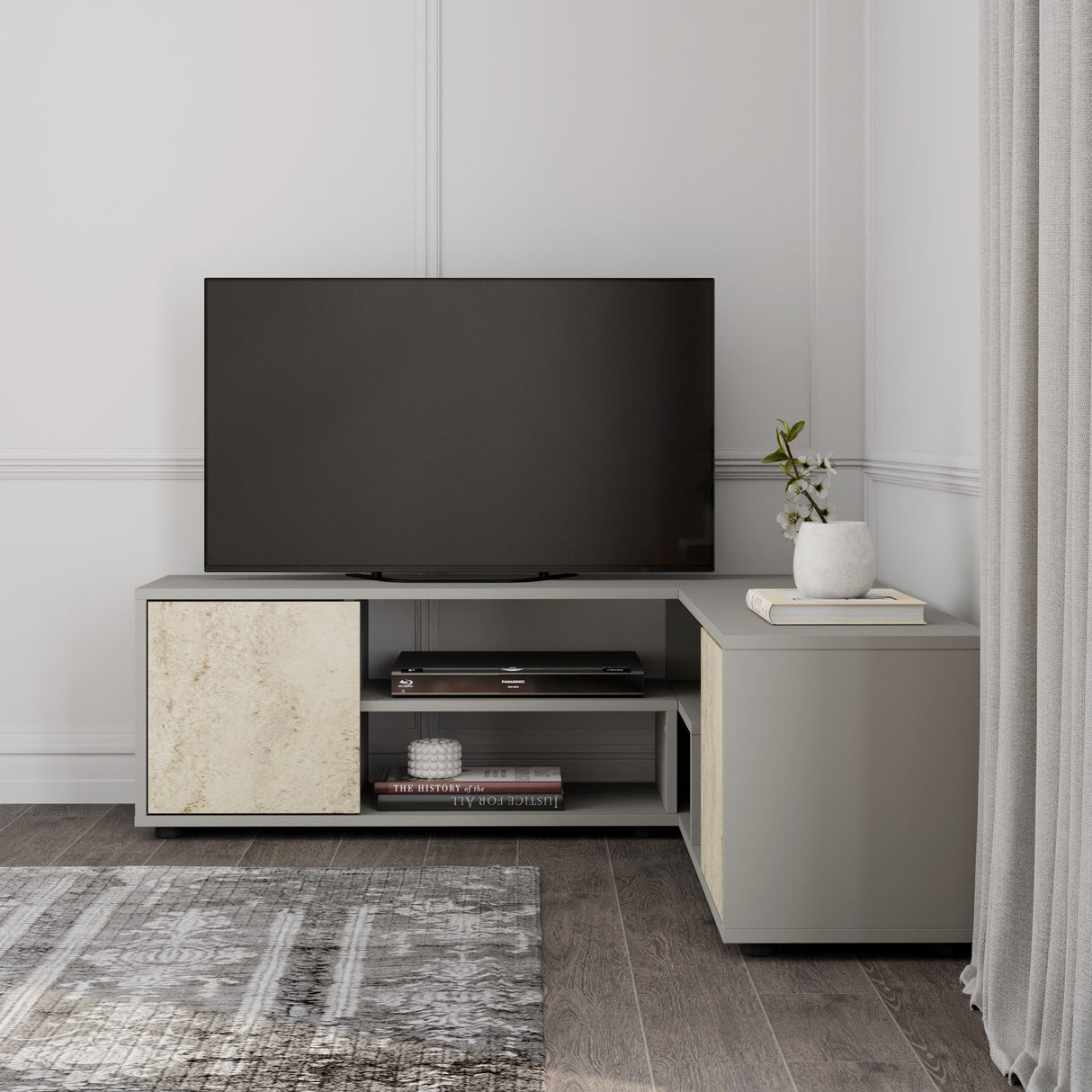 Comodă TV Rosa, Diverse culori, Diverse dimensiuni - Gri - Travertin - 120x35x40 cm | SKU: 382NRC2523 | Comodă TV Rosa, varianta Gri - Travertin - 120x35x40 cm, produs pentru amenajarea locuinței, disponibil online în România la CasaMob