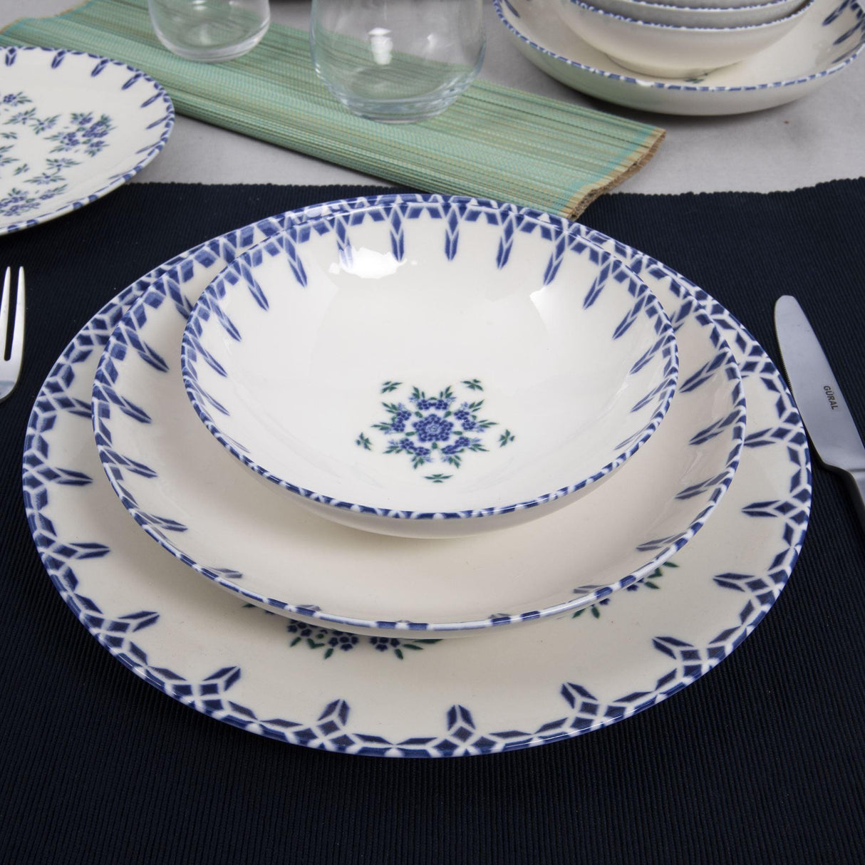 Serviciu de masa, Set 24 piese pentru cina, Portelan, Albastru
