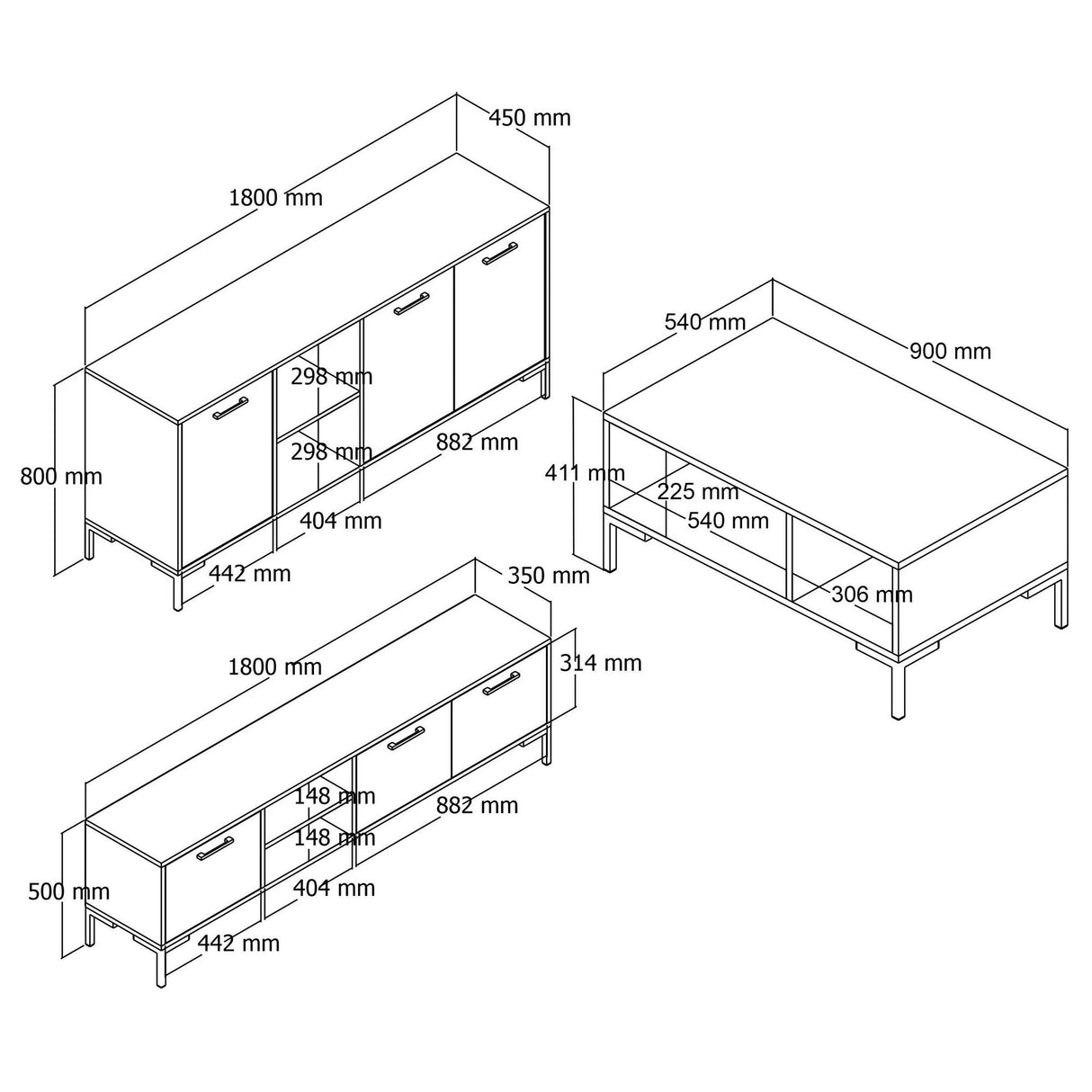 Set mobilă pentru sufragerie Set 1592-2082-1632, Nuc, 150x34x52 cm