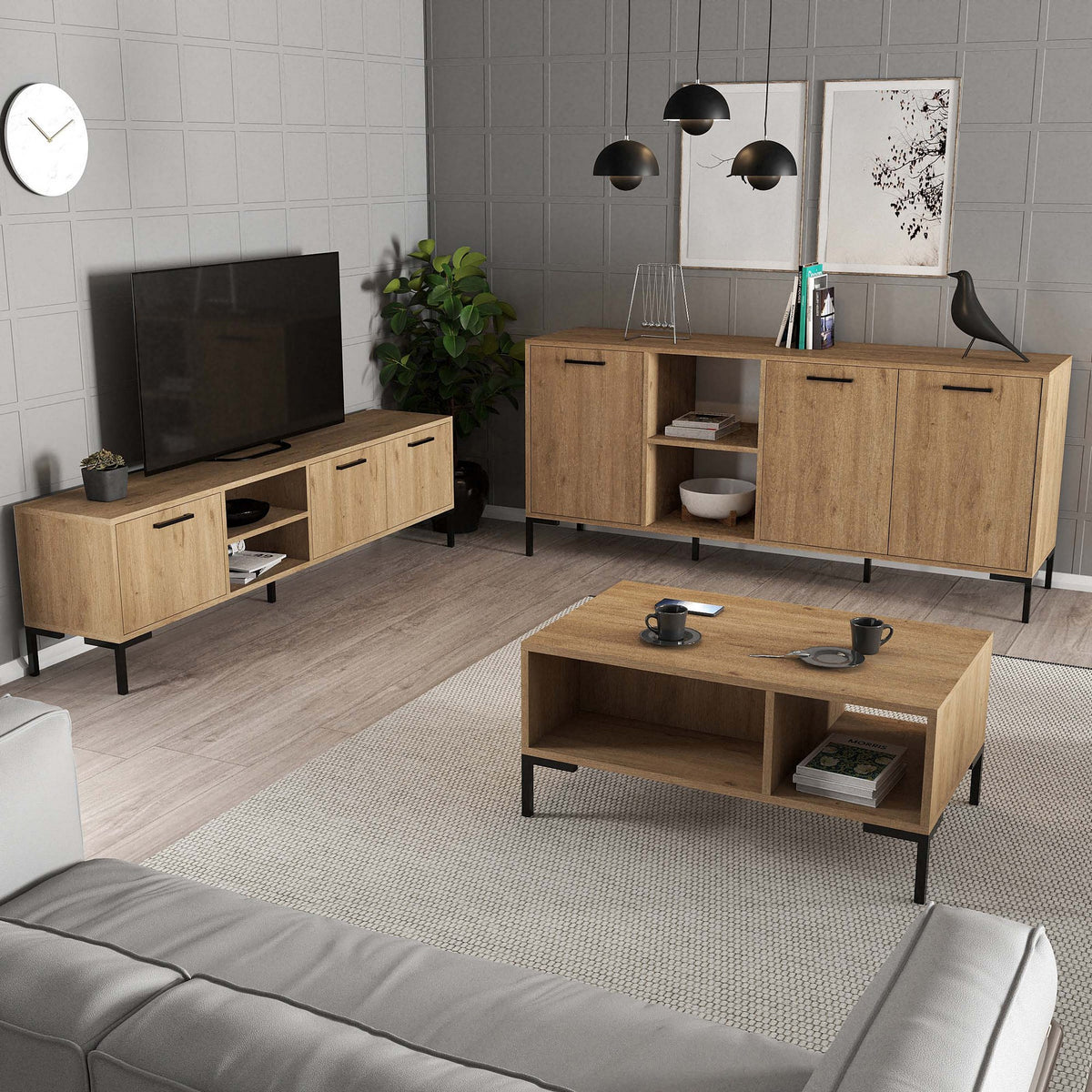 Set mobilă pentru sufragerie Set 1596-2086-1636, Stejar, 150x34x52 cm, SKU 389MZA2118, imagine 3