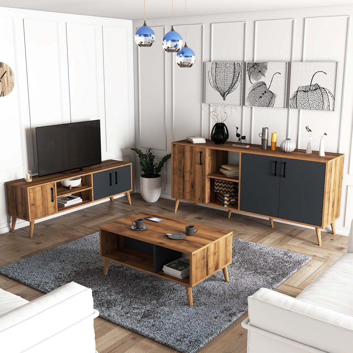 Set mobilă pentru sufragerie Set 1580-2070-1620, Nuc - Antracit, 150x34x52 cm