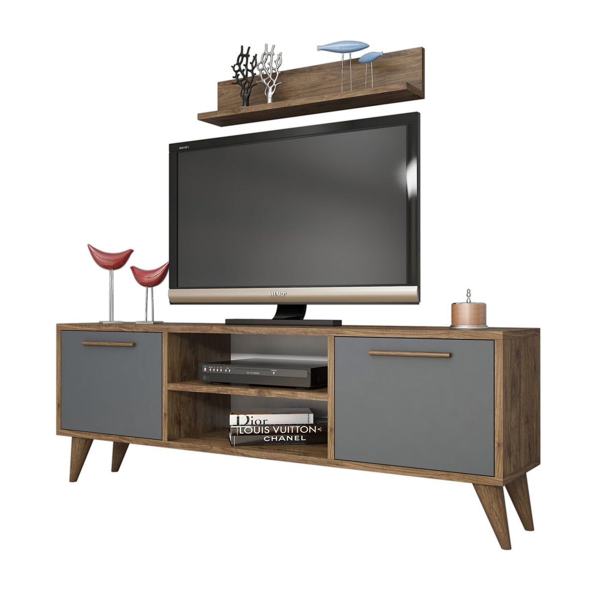 Comodă TV Senfoni 1118, Nuc - Antracit, 138x30x49 cm