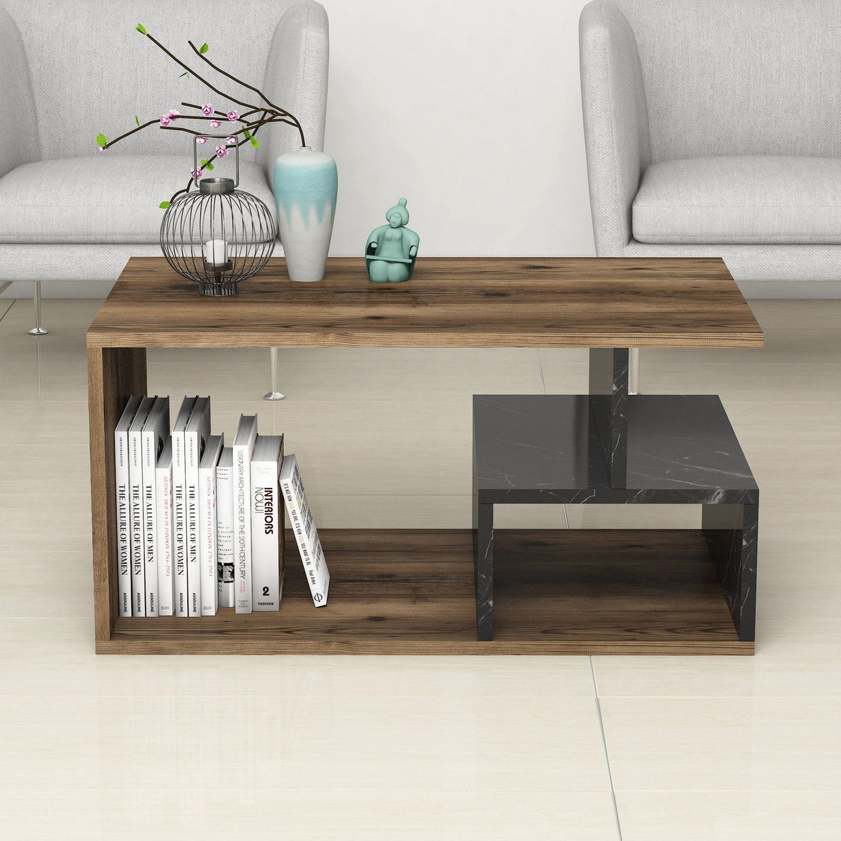 Măsuță de cafea Arte 2040, Dark walnut - Black marble, 90x42x54 cm
