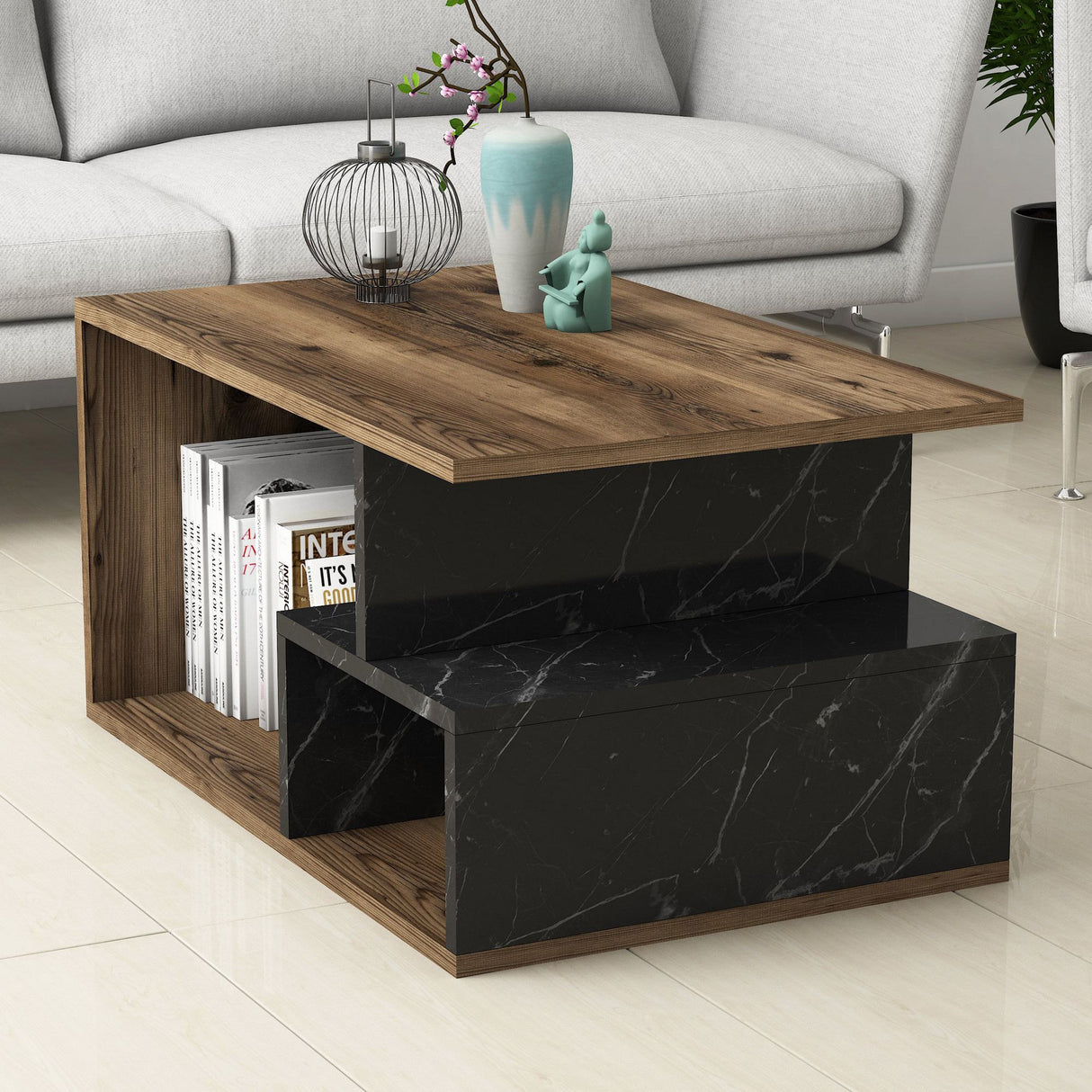 Măsuță de cafea Arte 2040, Dark walnut - Black marble, 90x42x54 cm
