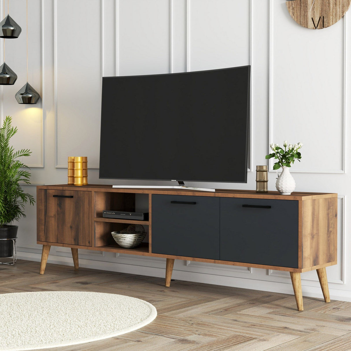 Comodă TV Exxen - 1581, Nuc - Antracit, 180x35x53 cm
