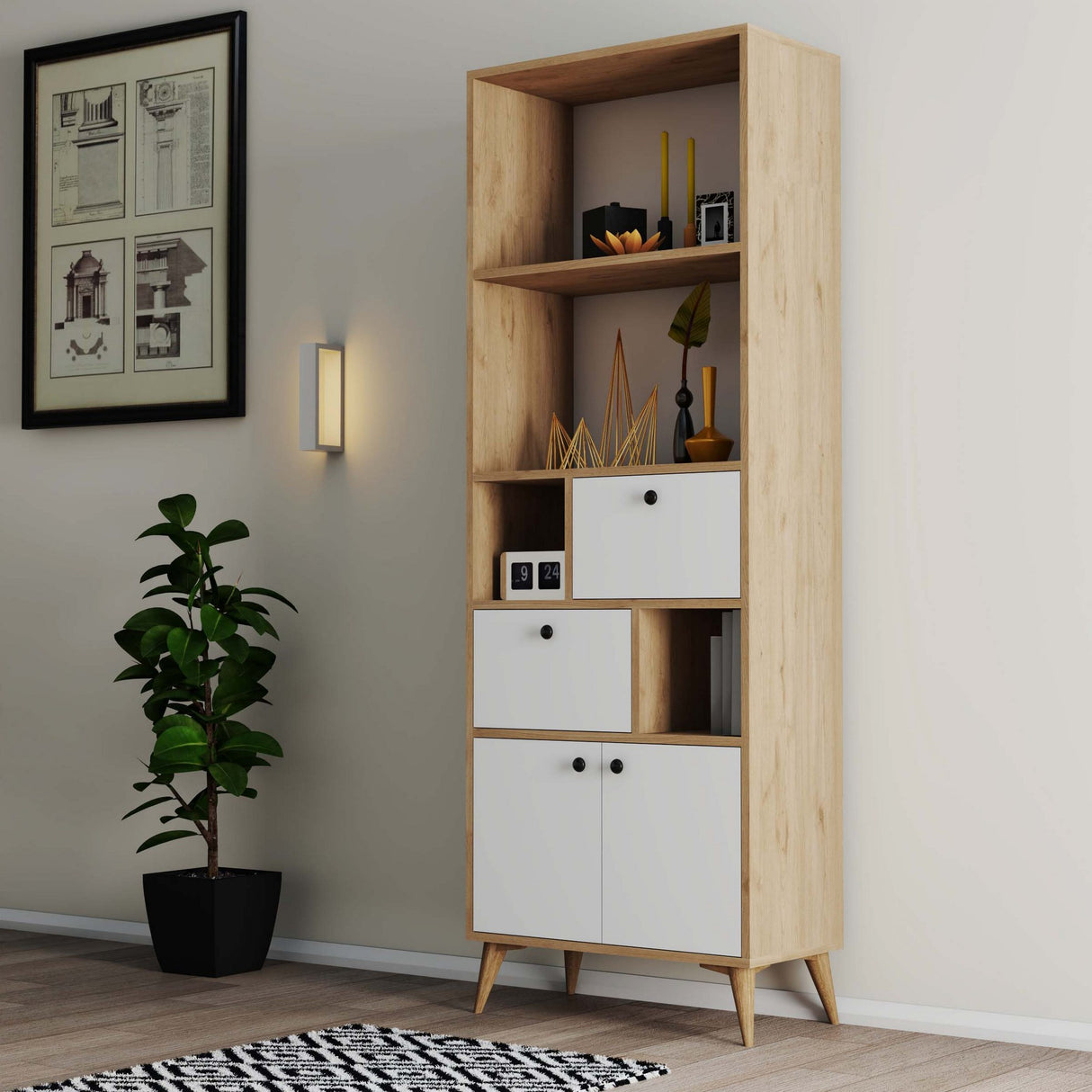 Bibliotecă Ninova - 1952, Stejar - Alb, 69x35x195 cm